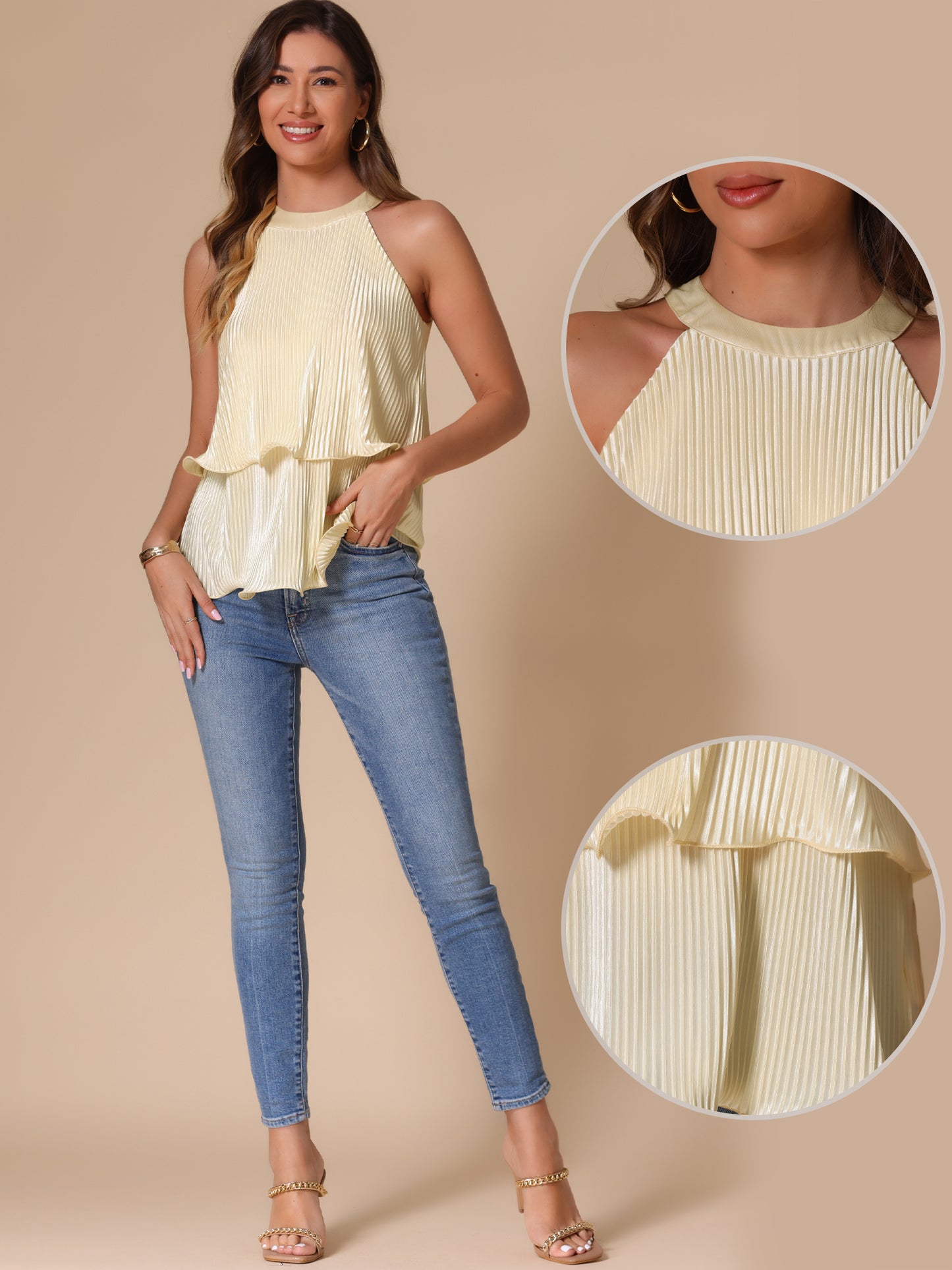 Women's Elegant Satin Pleated Flowy Blouses Summer Halter Tank Top