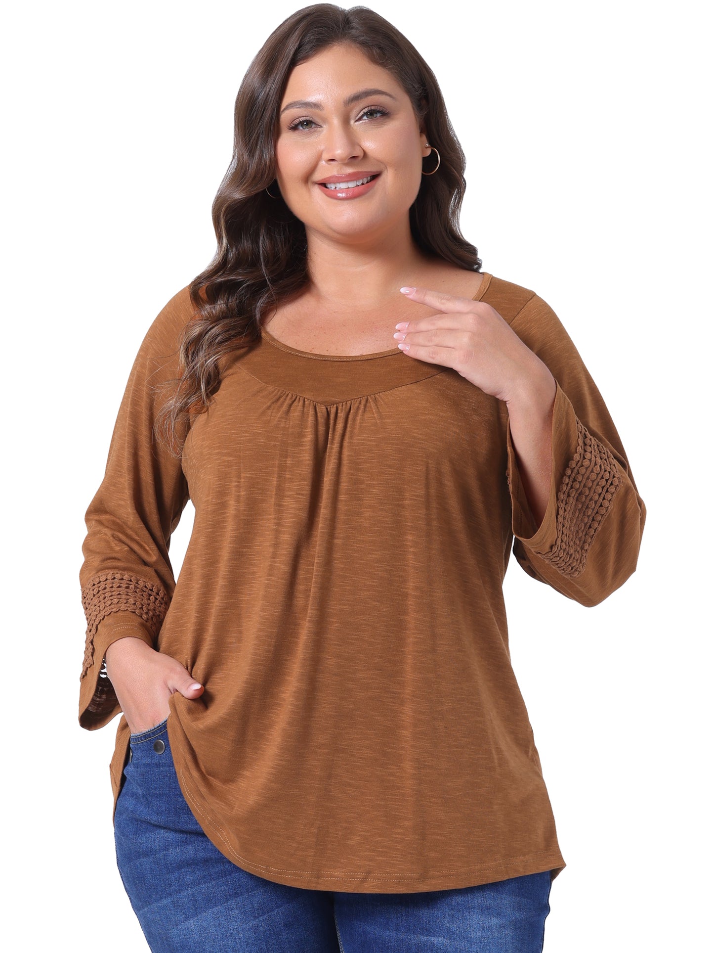 Women's Plus Size Tops Long Sleeve Crochet Panel Hollow Out Pleated Tunics Blouse