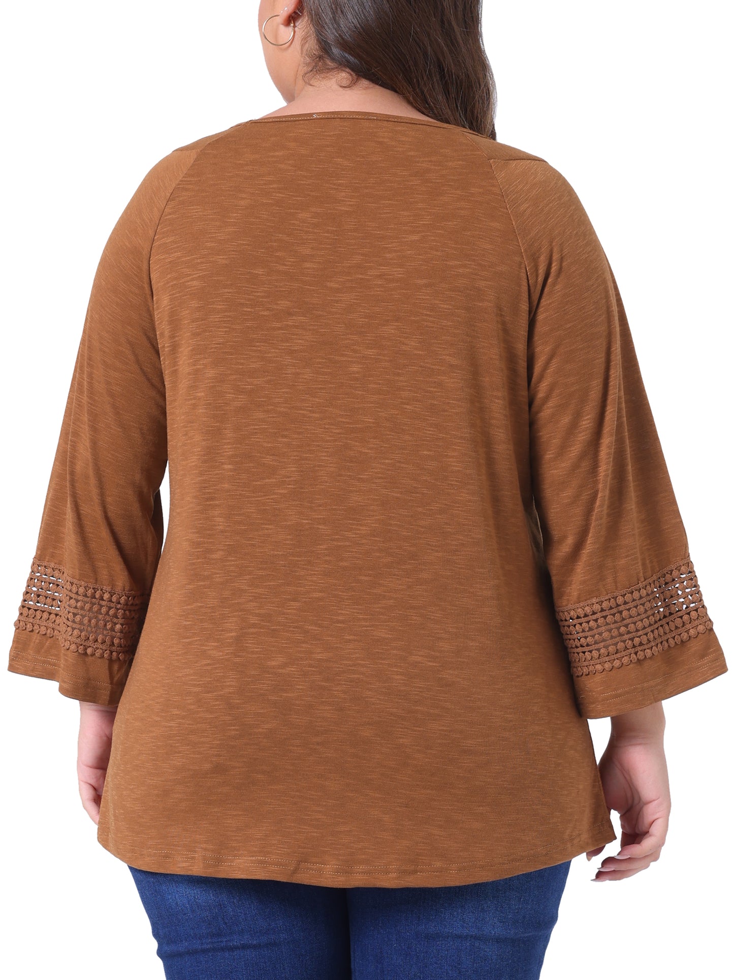Women's Plus Size Tops Long Sleeve Crochet Panel Hollow Out Pleated Tunics Blouse