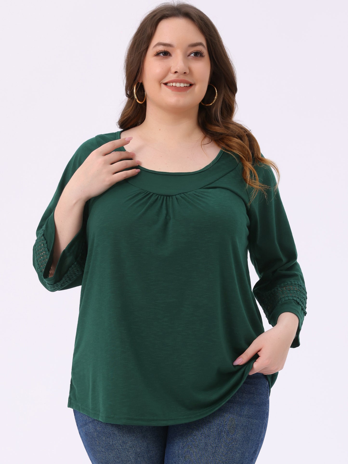 Women's Plus Size Tops Long Sleeve Crochet Panel Hollow Out Pleated Tunics Blouse