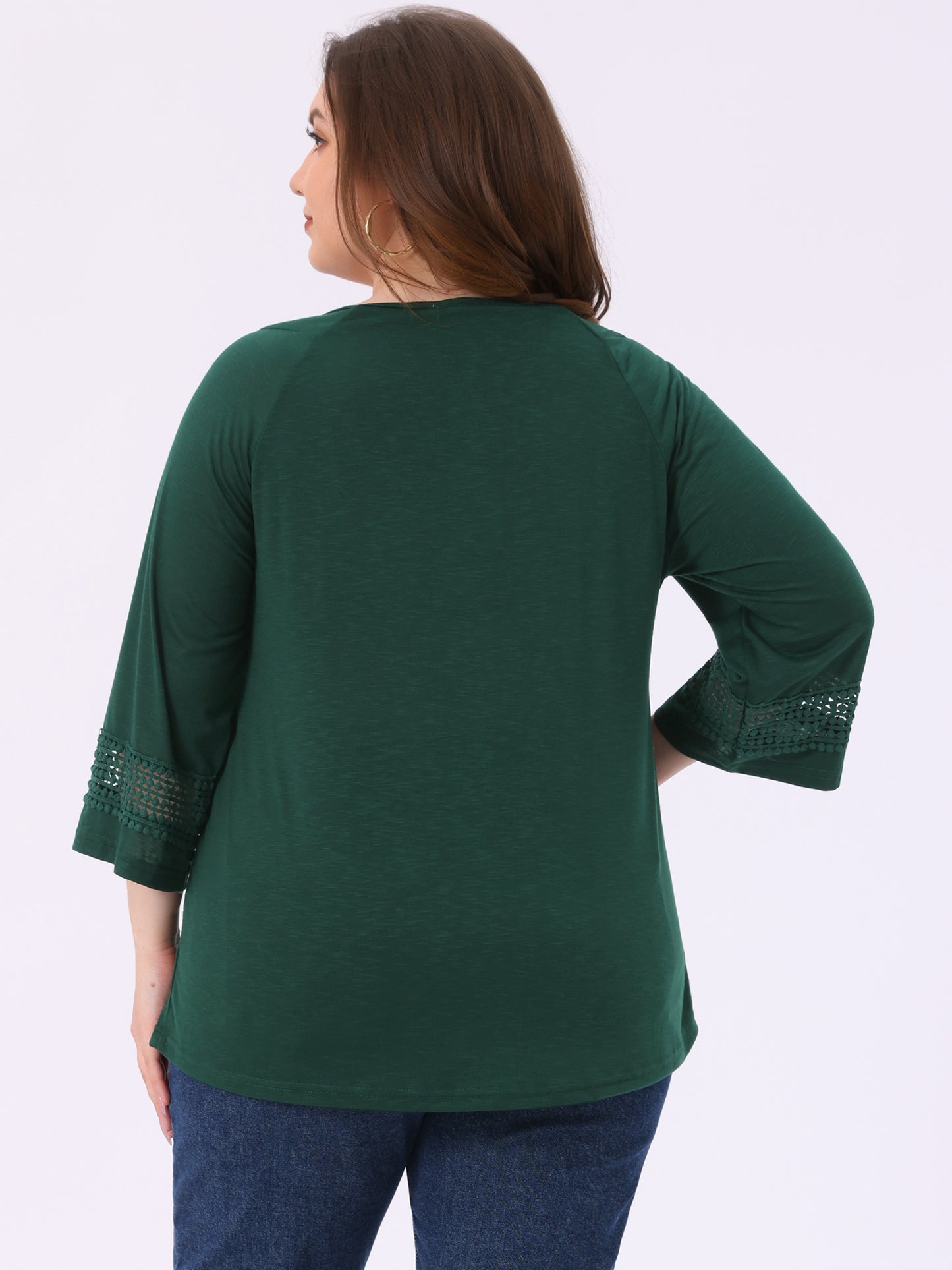 Women's Plus Size Tops Long Sleeve Crochet Panel Hollow Out Pleated Tunics Blouse