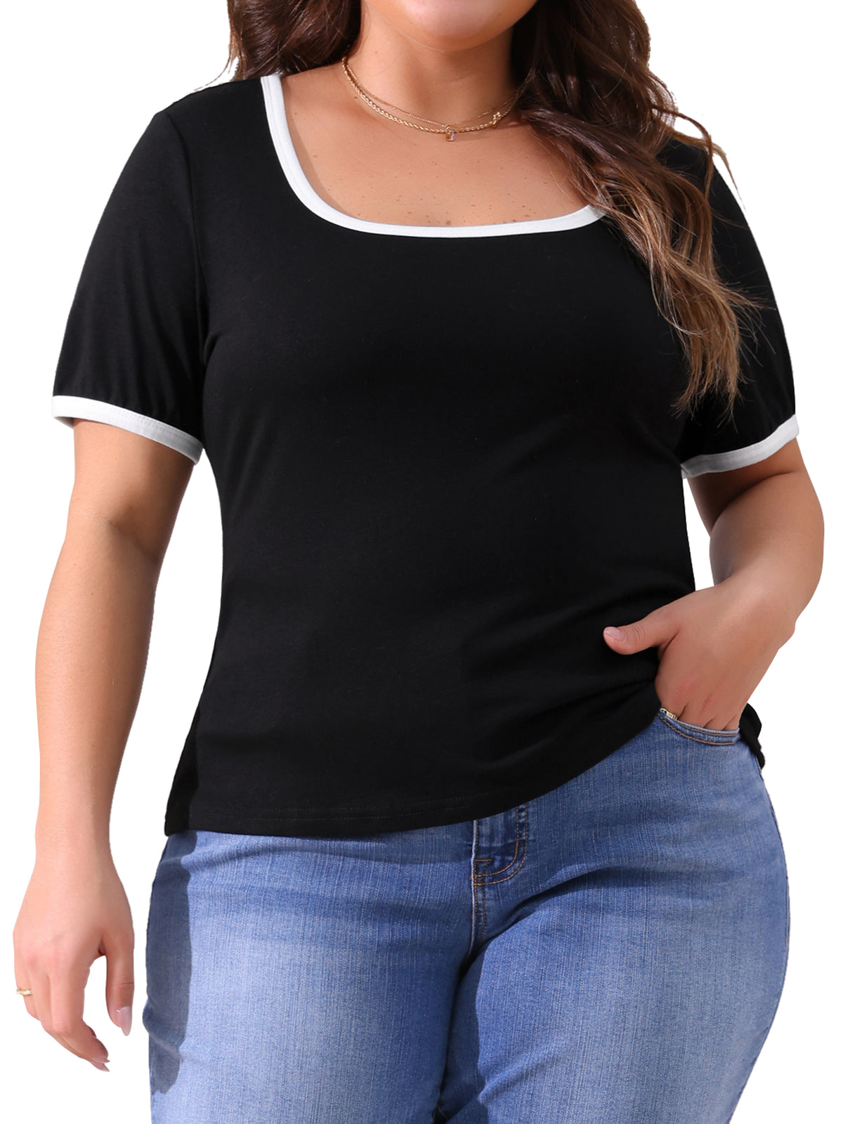 Women Plus Size Top Square Neck Short Sleeve T-Shirt Ribbed Color Block Slim Fit Knit Basic Tee