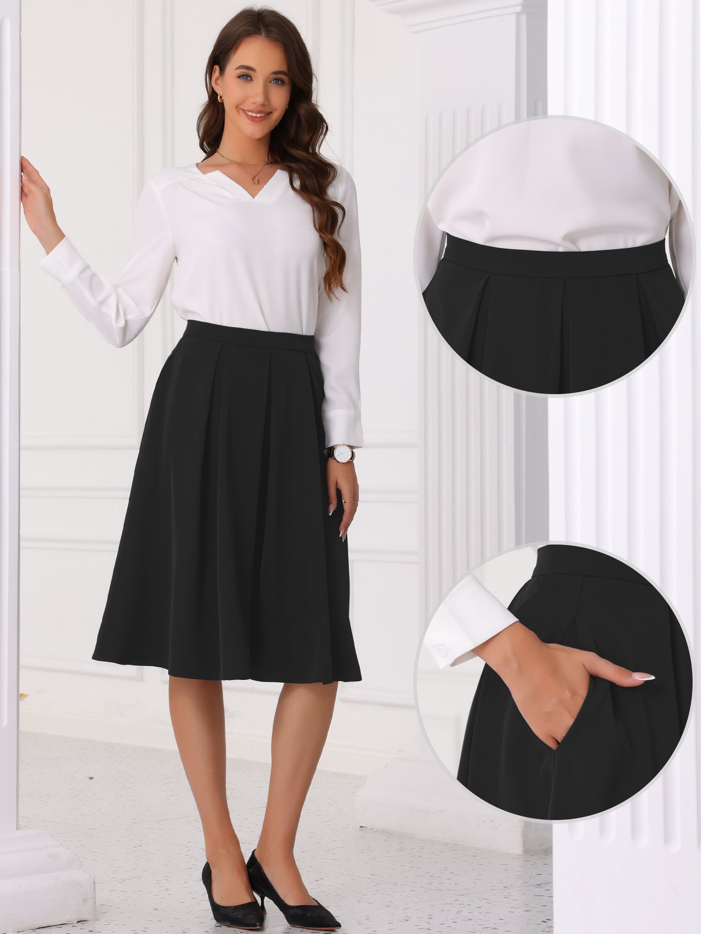 Women's High Waist A-Line Flare Pleated Knee Length Skirt with Pocket