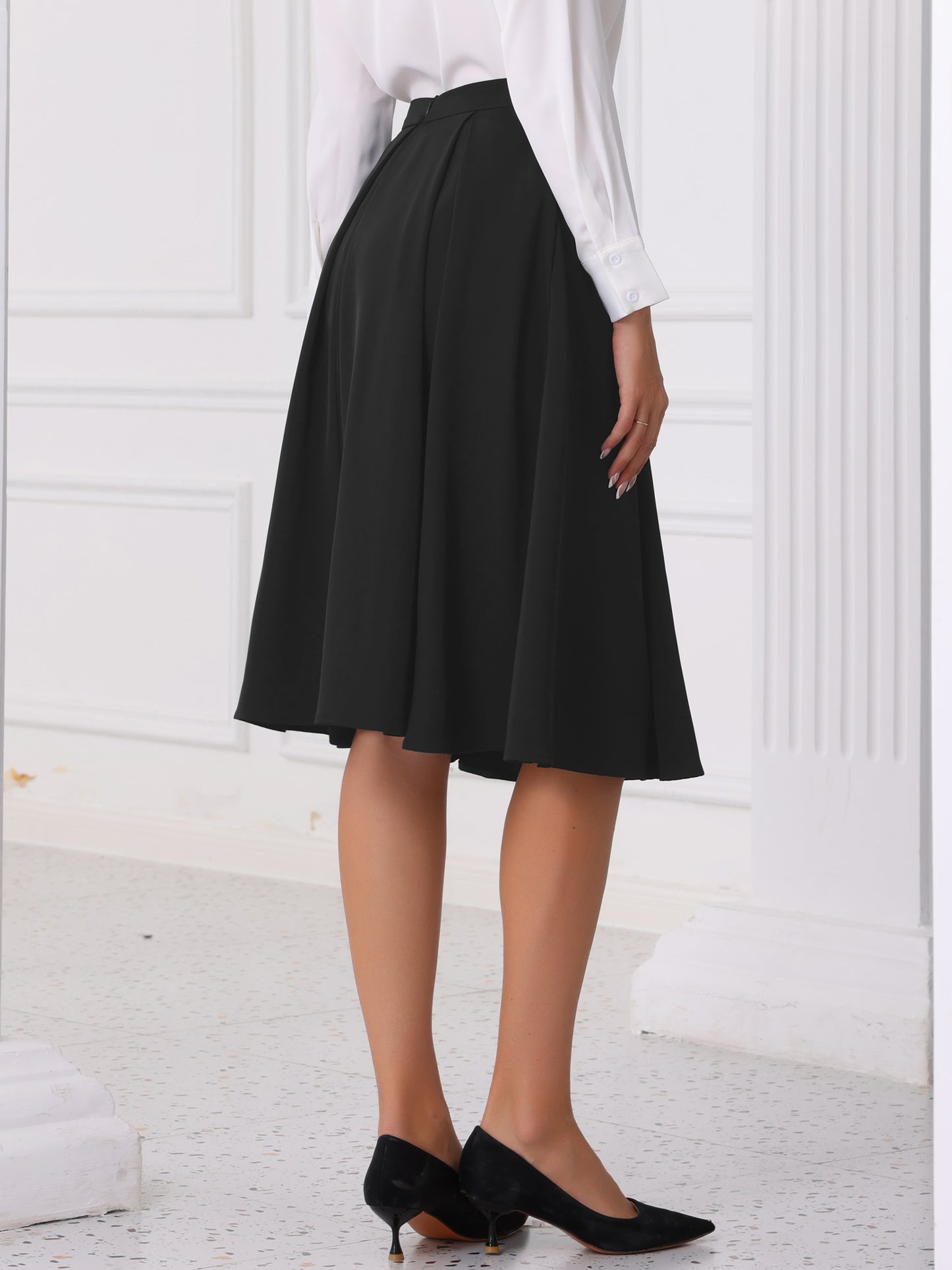 Women's High Waist A-Line Flare Pleated Knee Length Skirt with Pocket