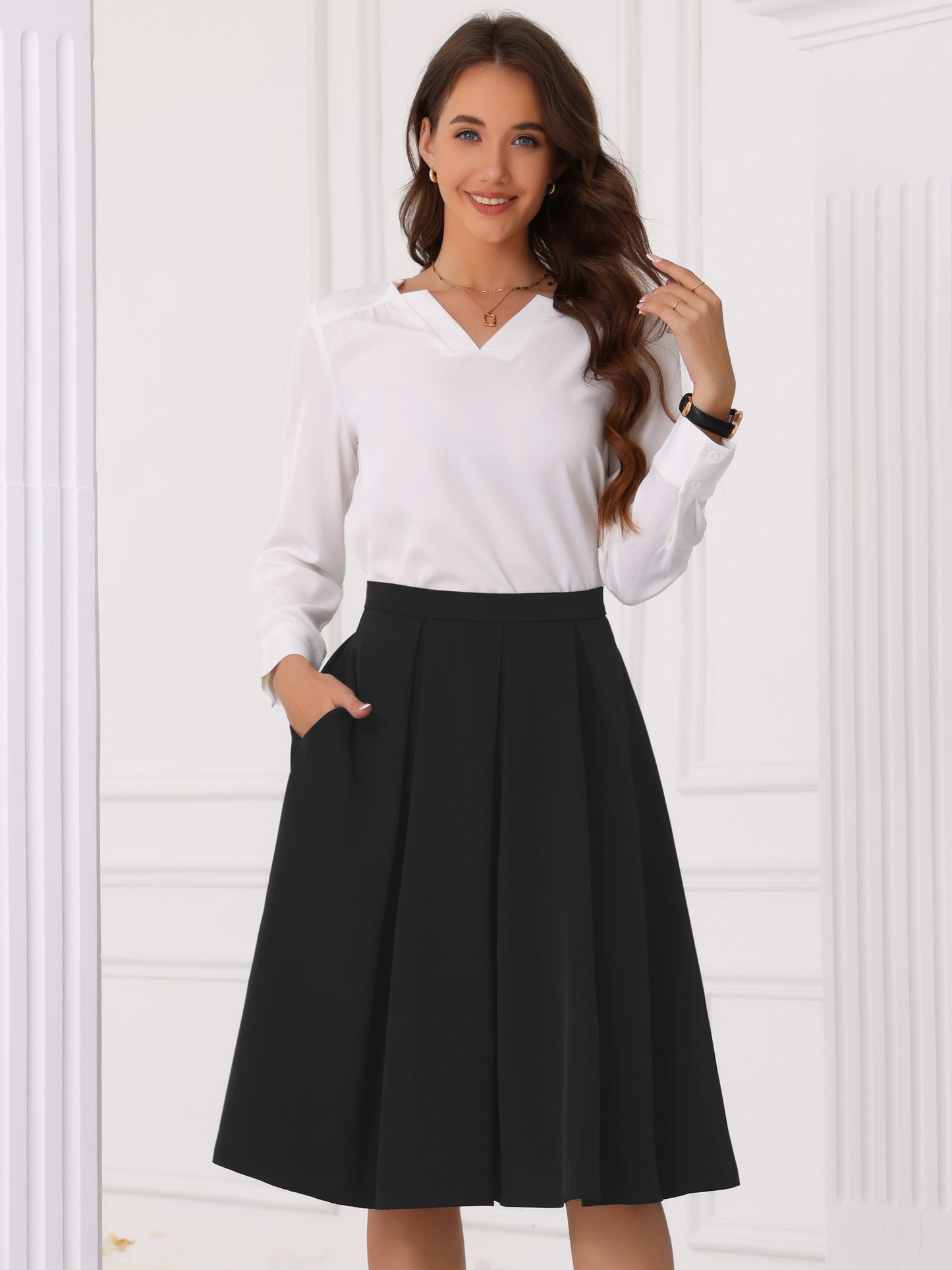 Women's High Waist A-Line Flare Pleated Knee Length Skirt with Pocket
