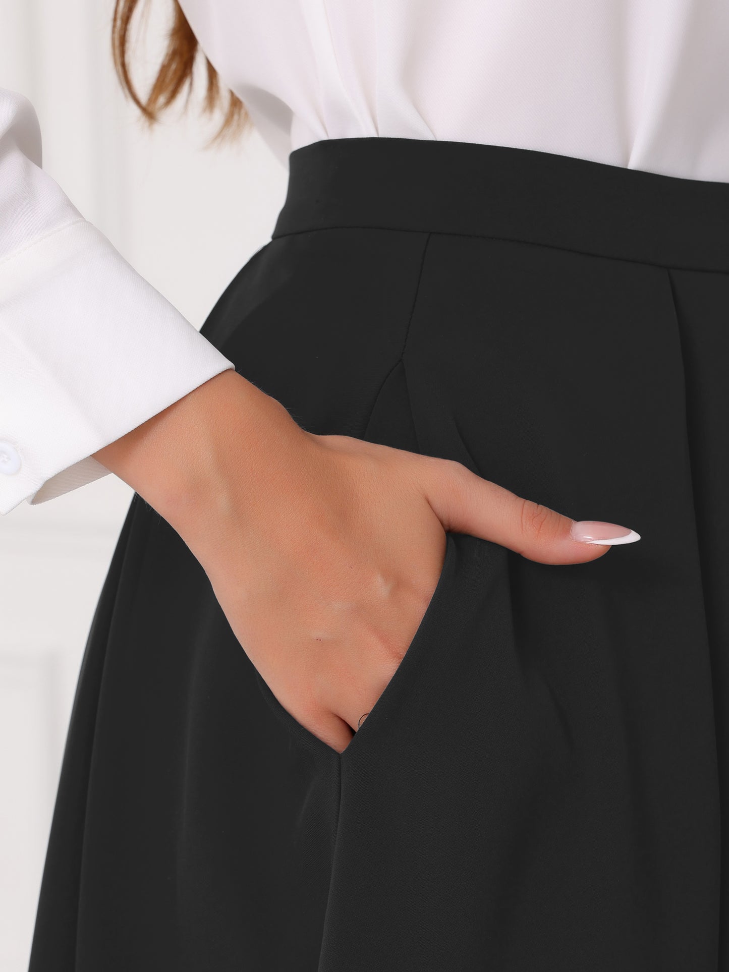 Women's High Waist A-Line Flare Pleated Knee Length Skirt with Pocket