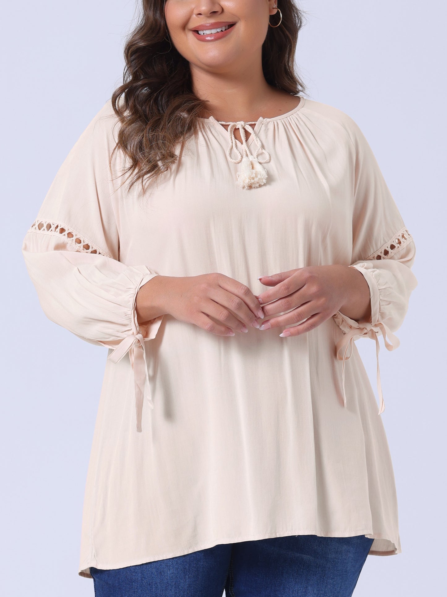 Women's Plus Size Raglan Sleeves Hollow Out Tie Neck Tunic Peasant Top