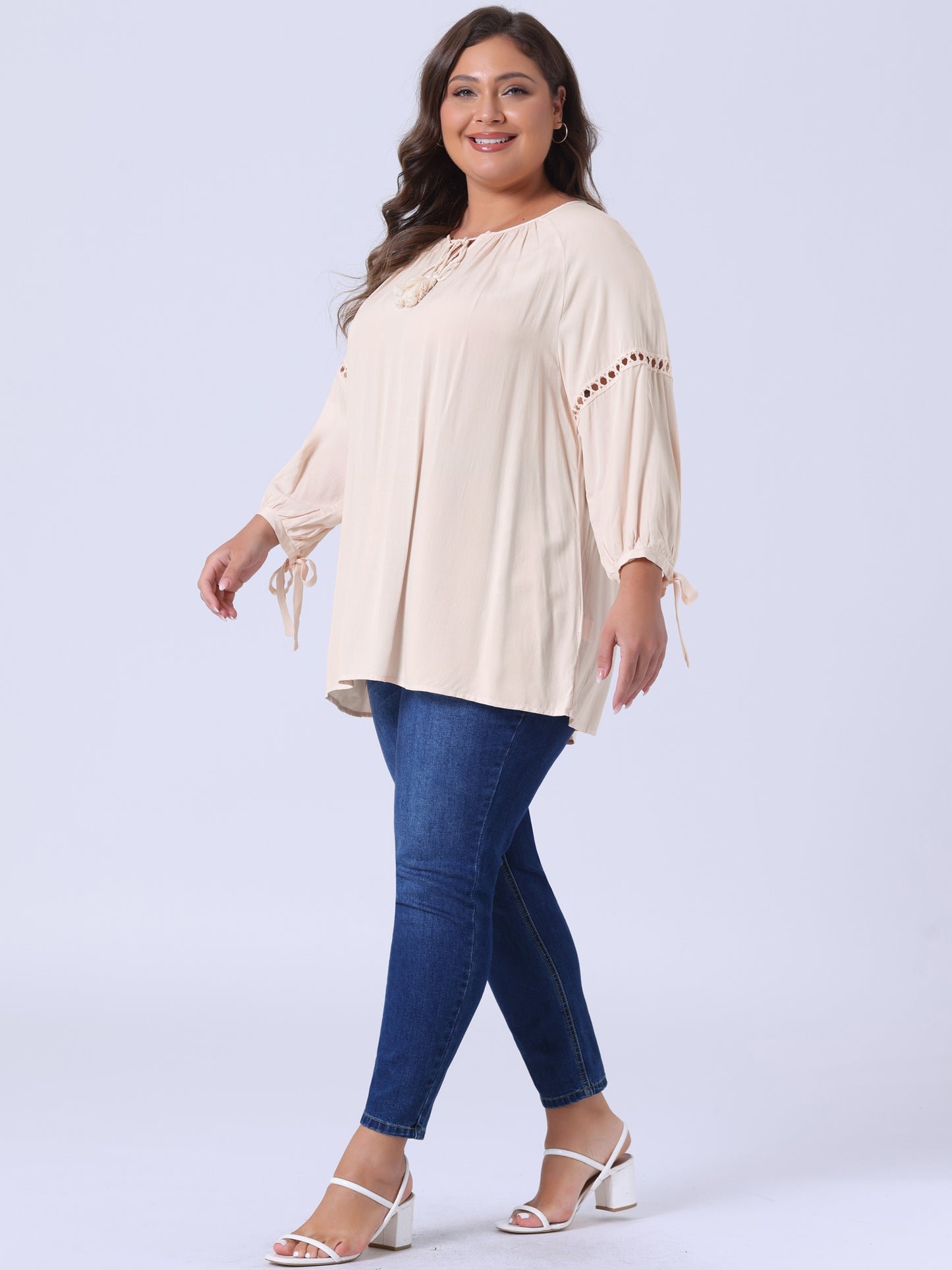 Women's Plus Size Raglan Sleeves Hollow Out Tie Neck Tunic Peasant Top