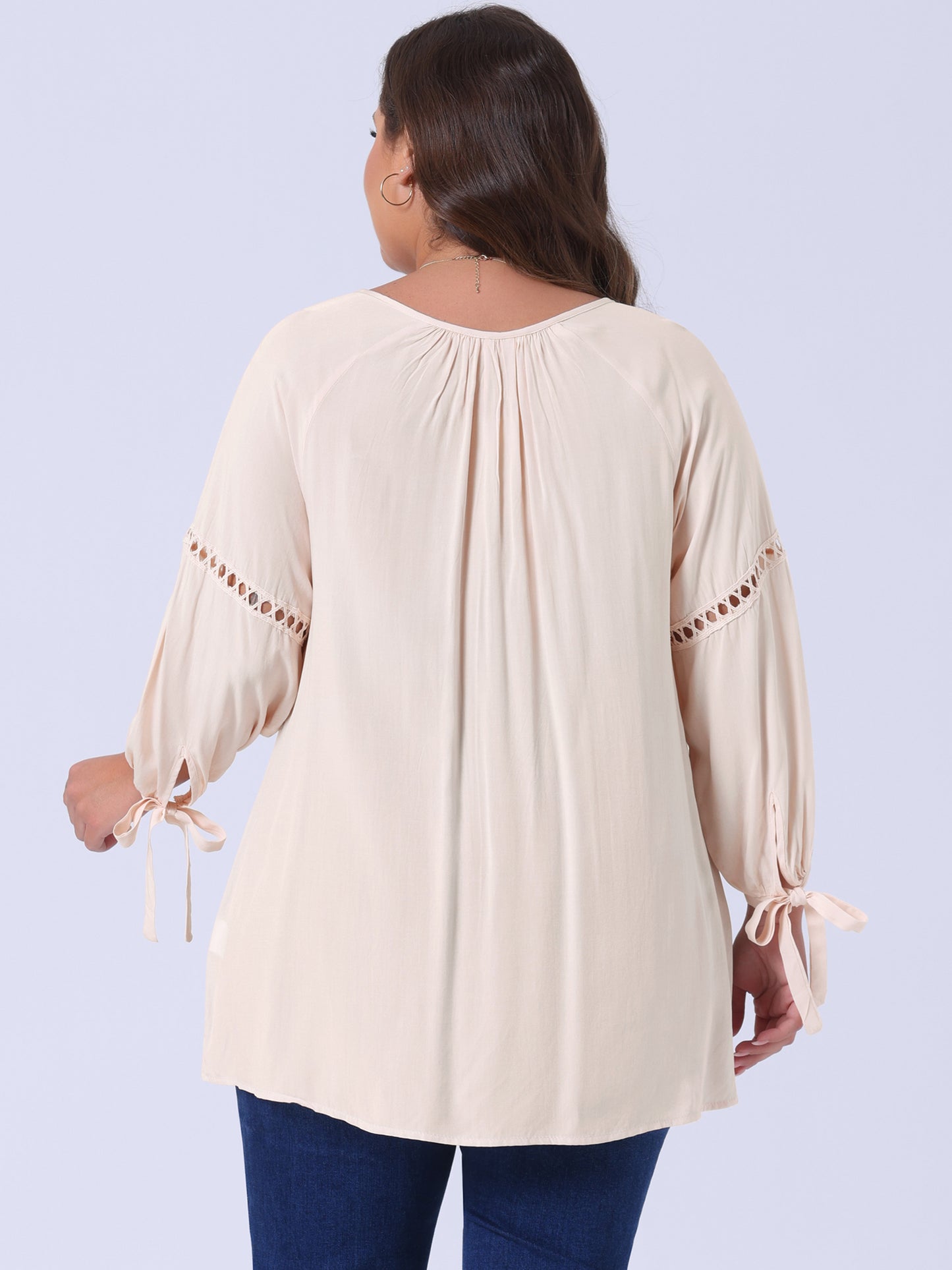 Women's Plus Size Raglan Sleeves Hollow Out Tie Neck Tunic Peasant Top