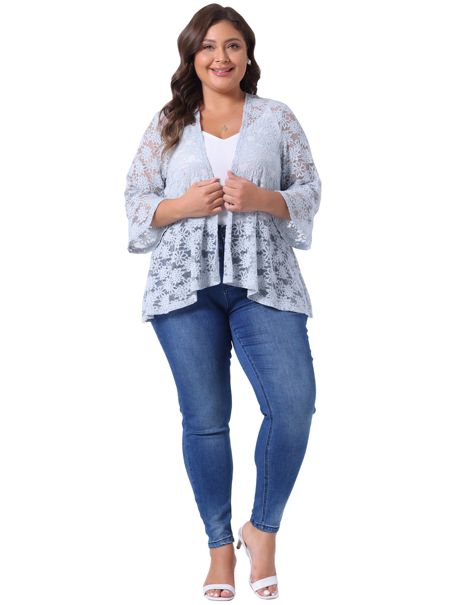 Women Plus Size Cardigans Open Front 3/4 Bell Sleeve Sheer Lightweight Lace Cover Up