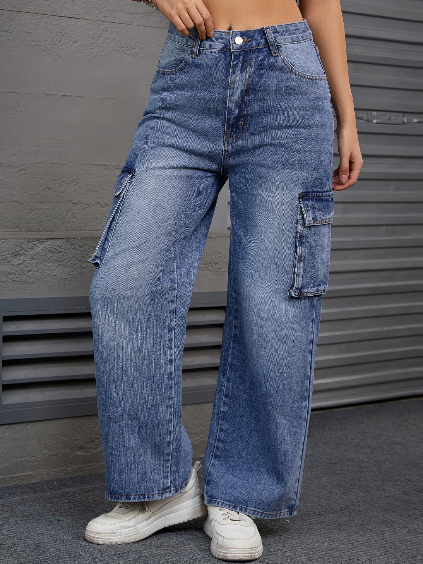 Women's Baggy Cargo Jeans High Waisted Casual Streetwear Wide Leg Denim Pants