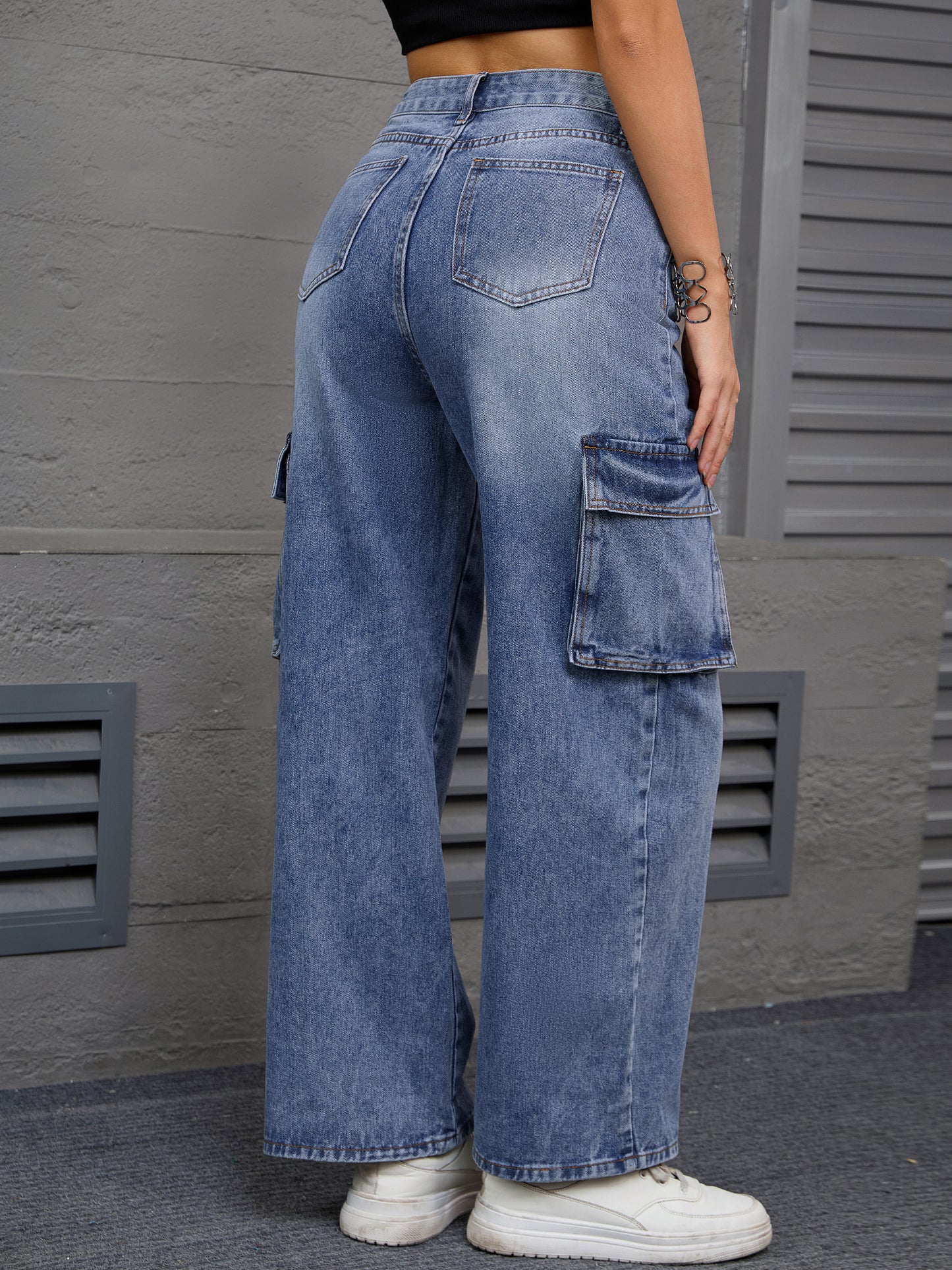 Women's Baggy Cargo Jeans High Waisted Casual Streetwear Wide Leg Denim Pants