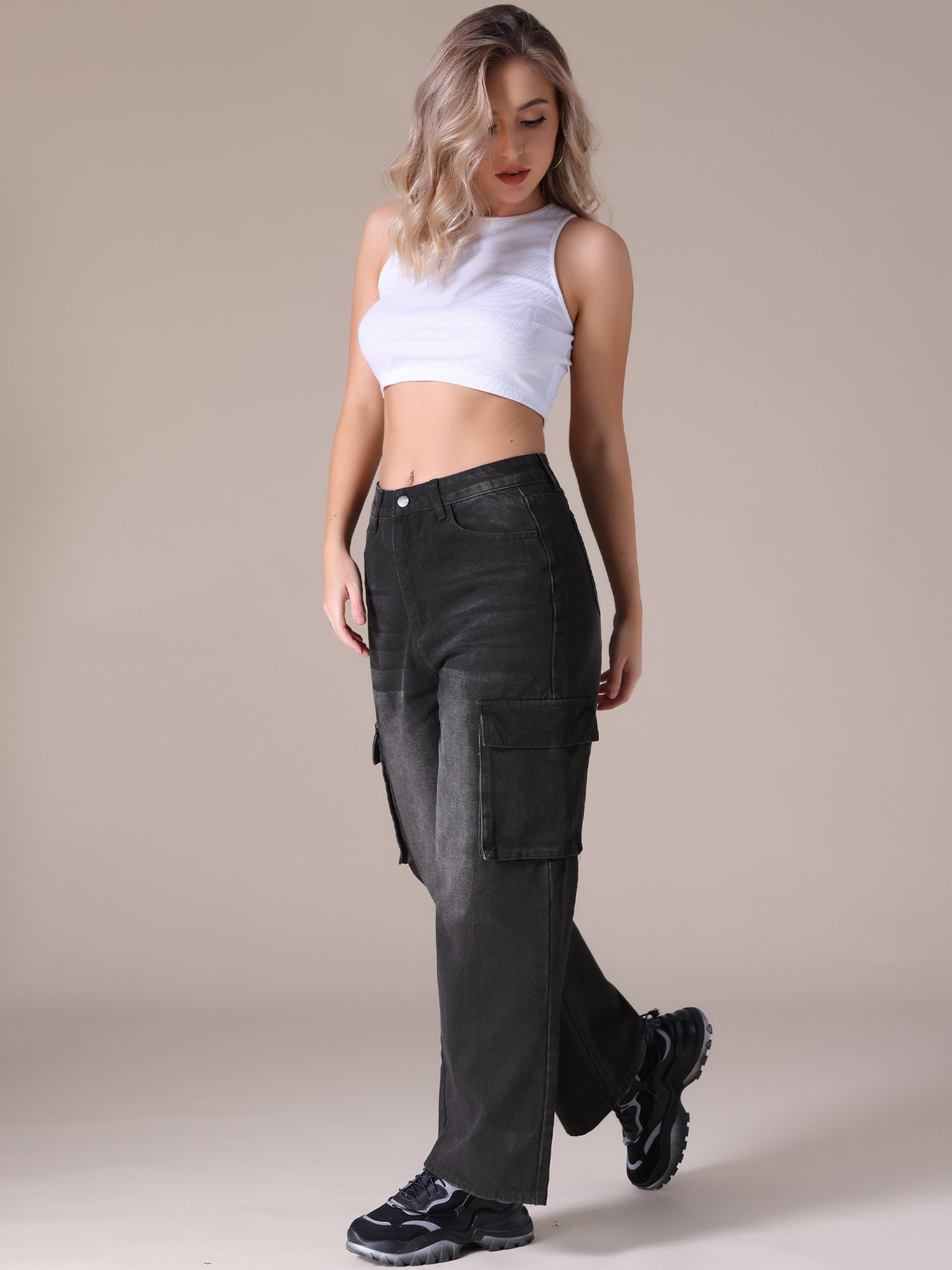 Women's Baggy Cargo Jeans High Waisted Casual Streetwear Wide Leg Denim Pants