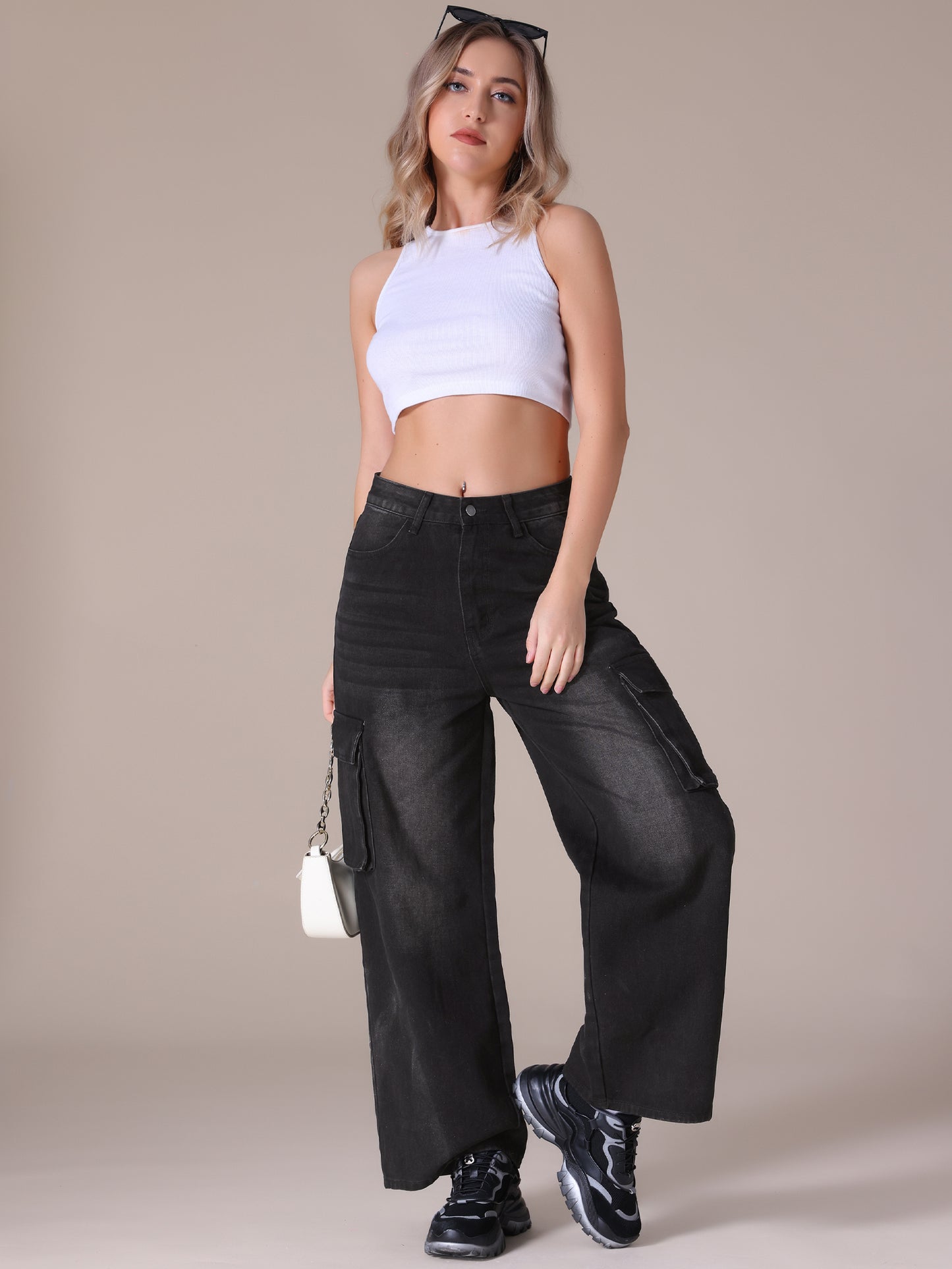 Women's Baggy Cargo Jeans High Waisted Casual Streetwear Wide Leg Denim Pants