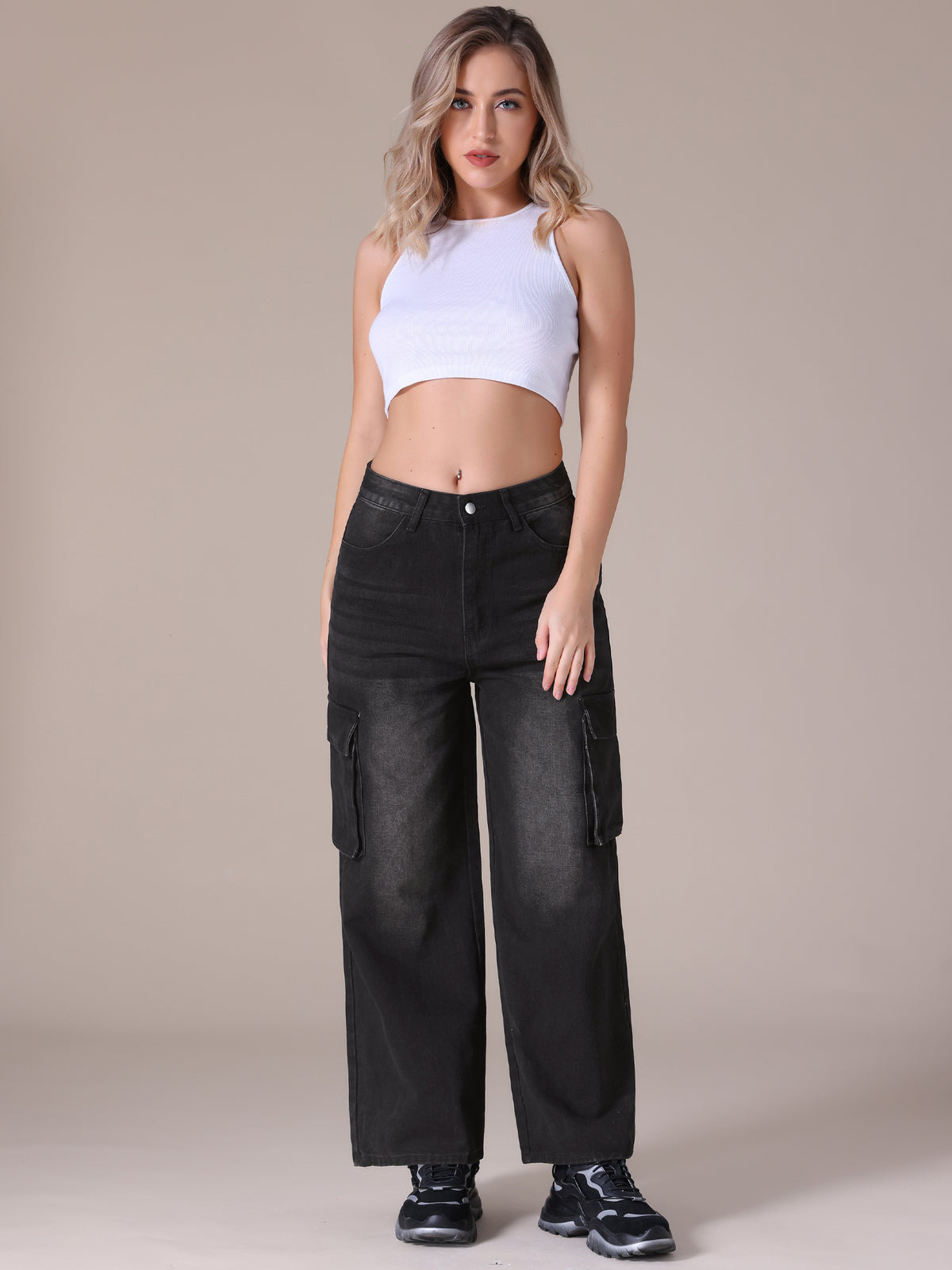 Women's Baggy Cargo Jeans High Waisted Casual Streetwear Wide Leg Denim Pants