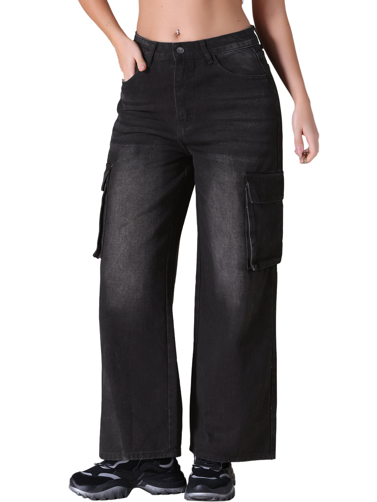 Women's Baggy Cargo Jeans High Waisted Casual Streetwear Wide Leg Denim Pants