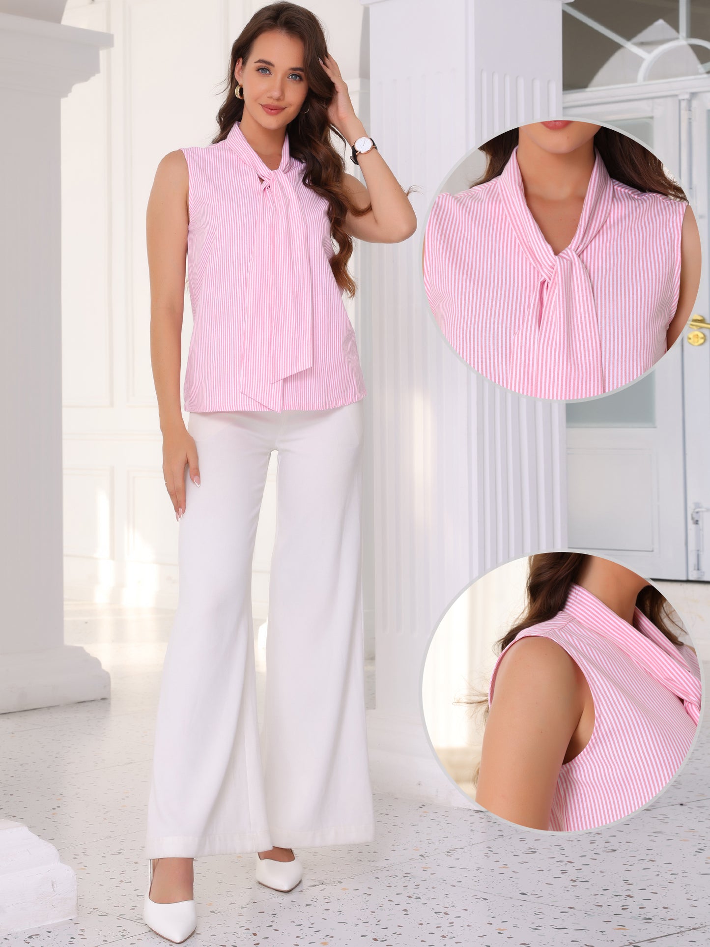 Women's Tie Neck Casual Tank Top Sleeveless Striped Blouse