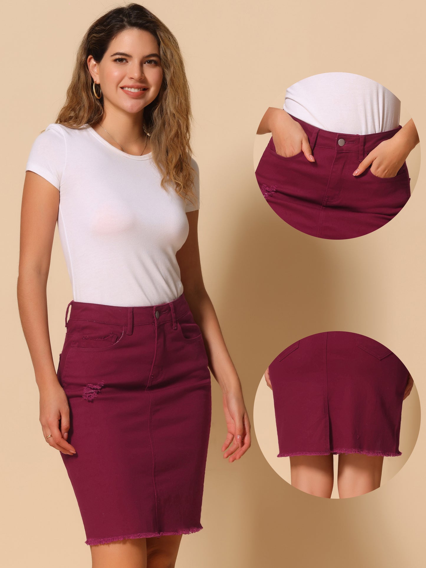 Women's Casual Distressed Knee Length Denim Skirt