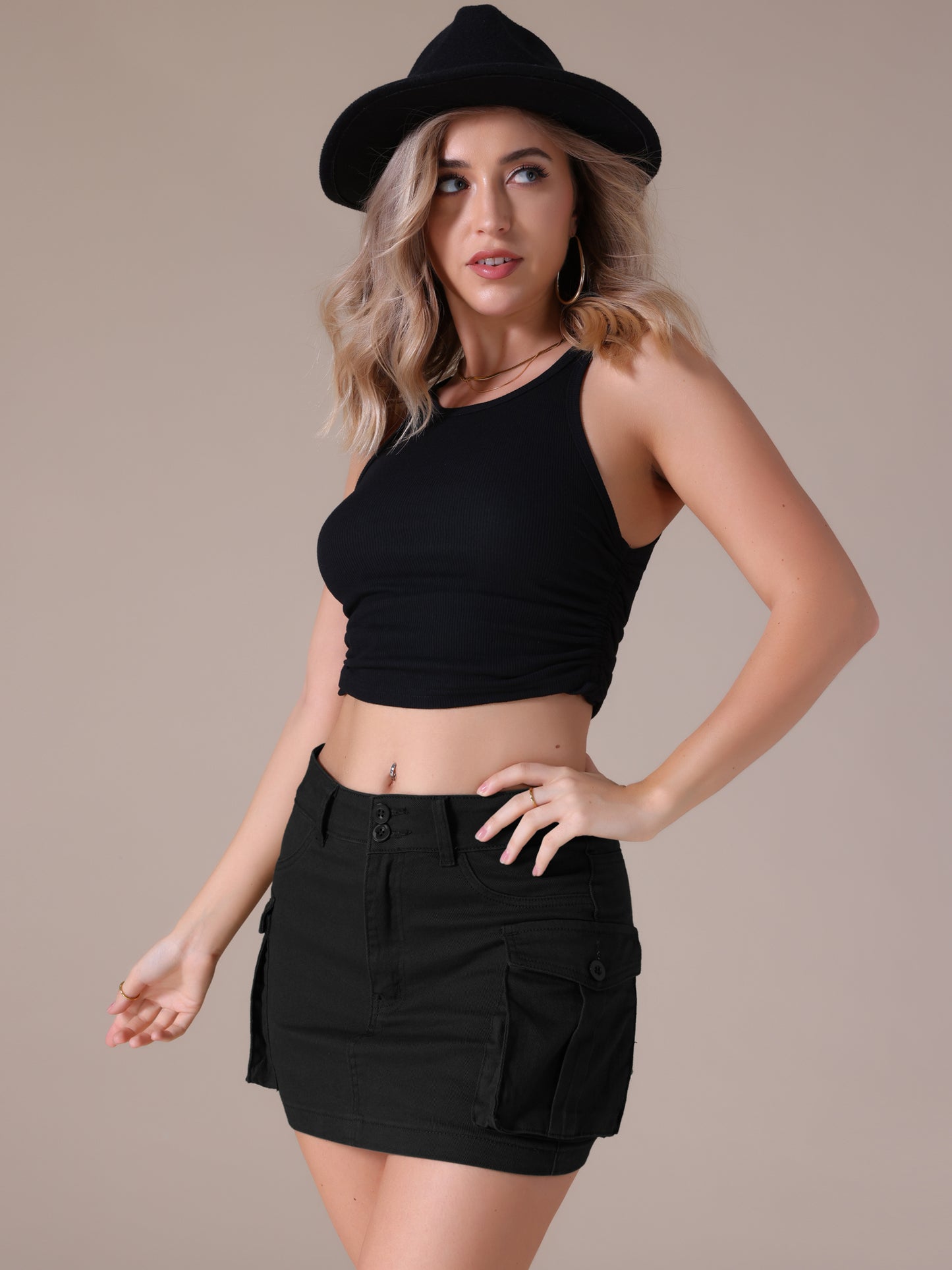 Women's Denim Cargo Flap Pockets Button Fly Stretch Mini Jean Skirt