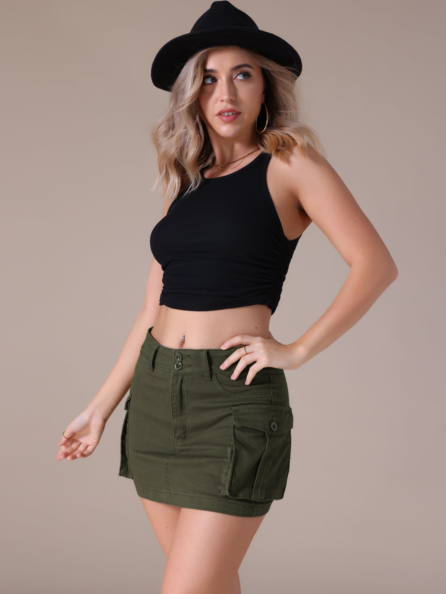 Women's Denim Cargo Flap Pockets Button Fly Stretch Mini Jean Skirt
