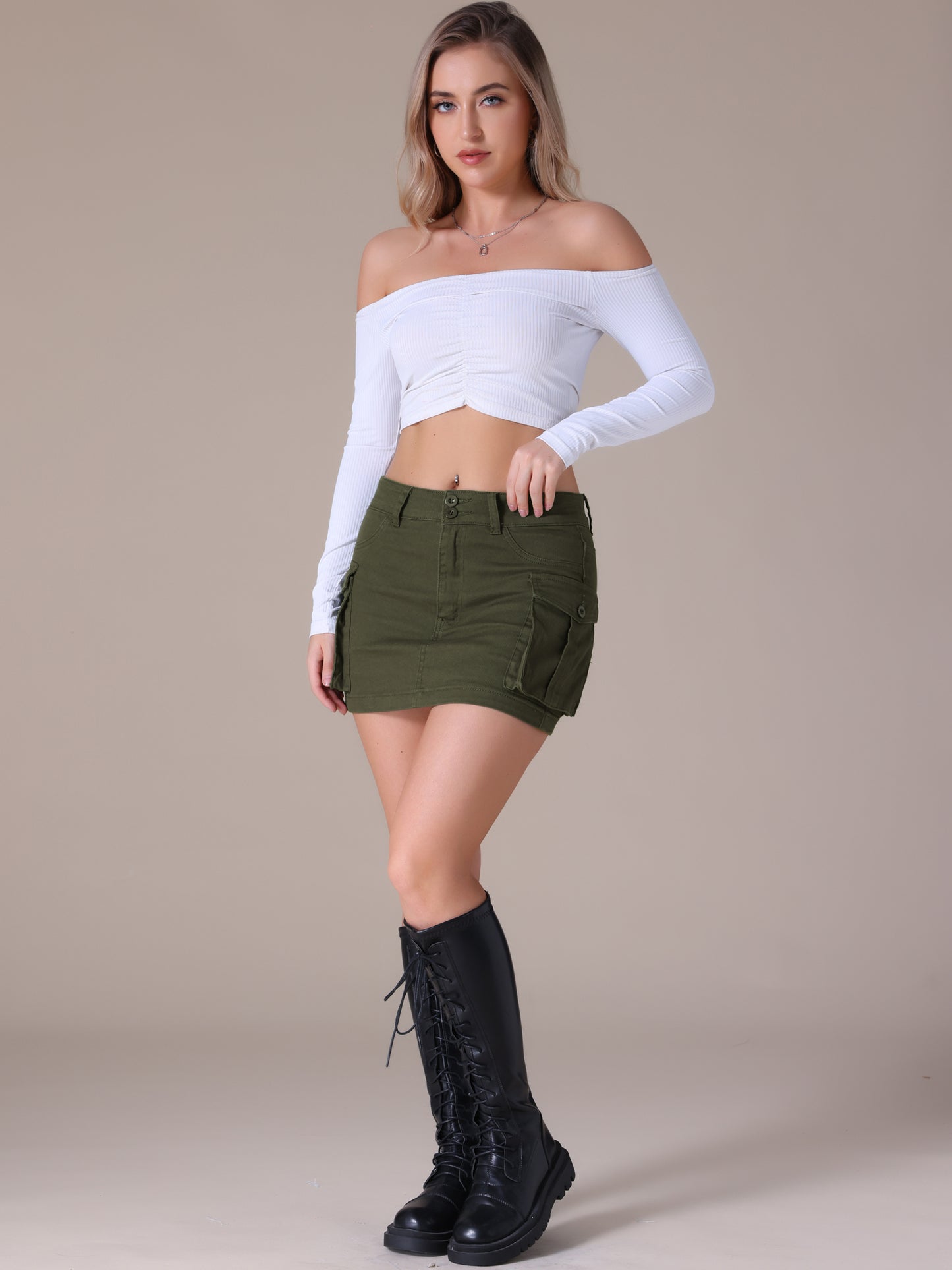 Women's Denim Cargo Flap Pockets Button Fly Stretch Mini Jean Skirt