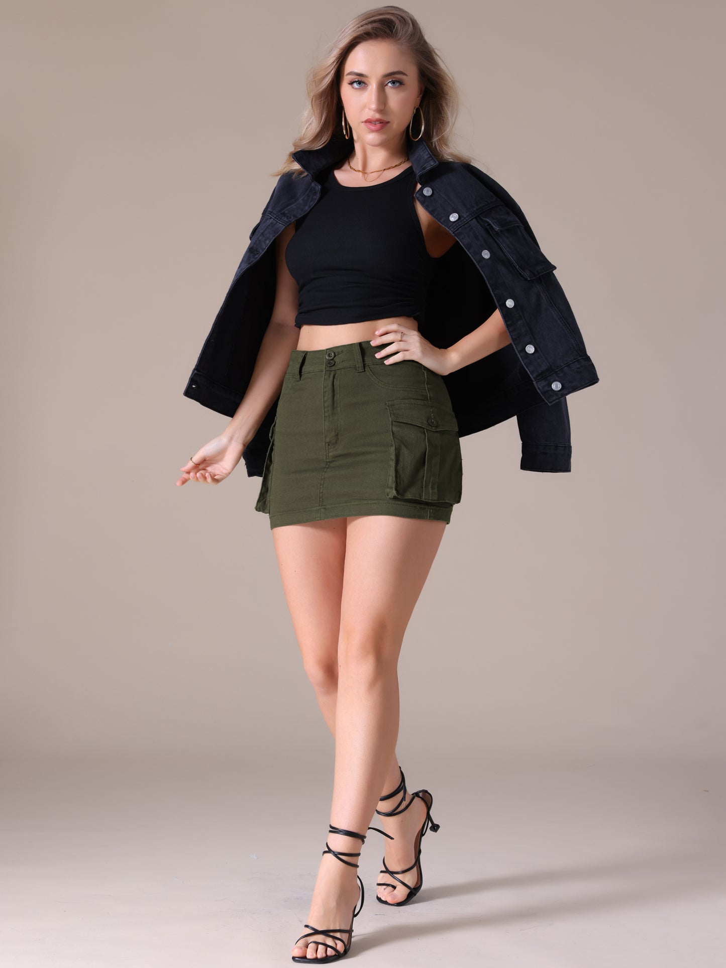 Women's Denim Cargo Flap Pockets Button Fly Stretch Mini Jean Skirt