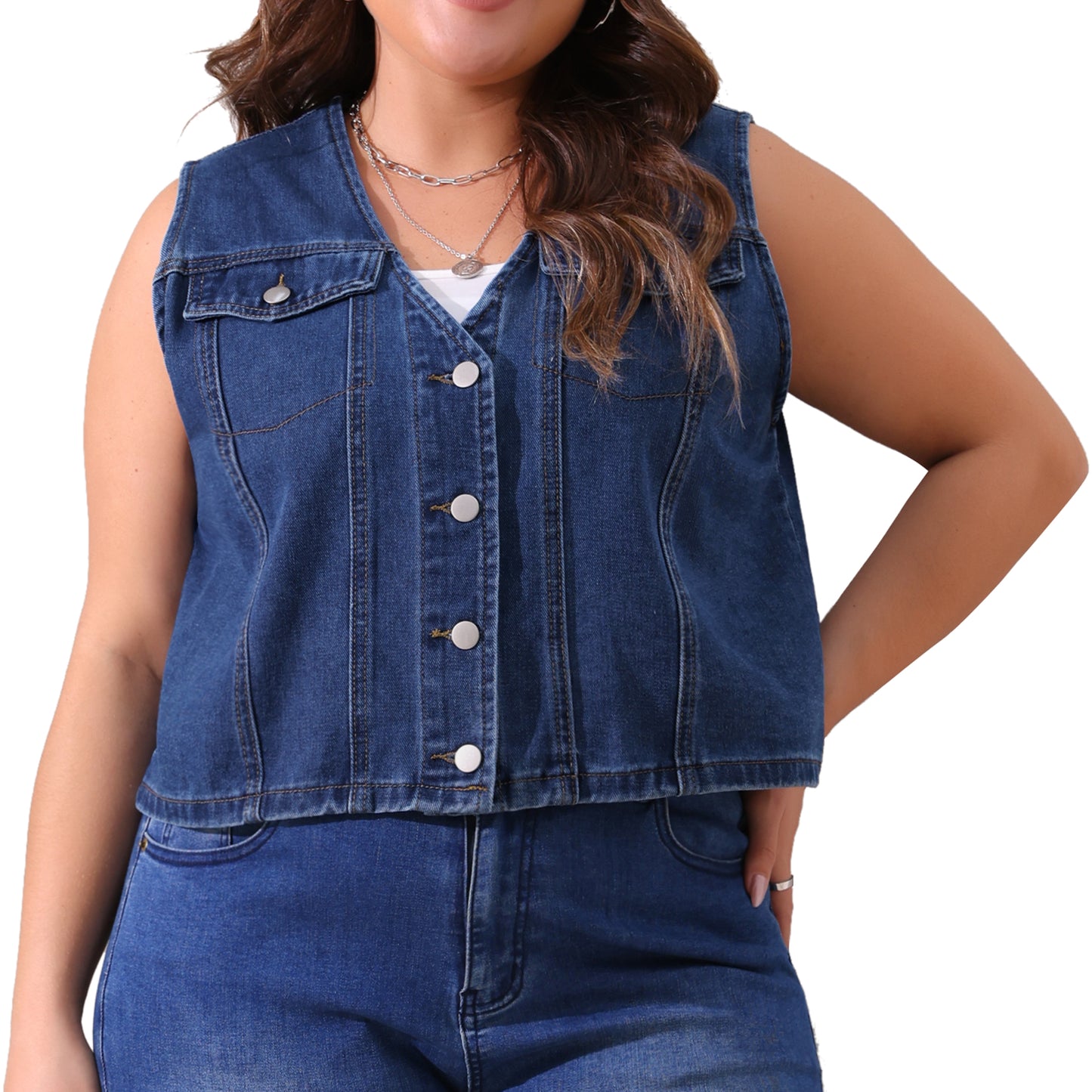Women's Plus Size Denim Vest Sleeveless V Neck Button Down Casual Jean Waistcoat Jacket