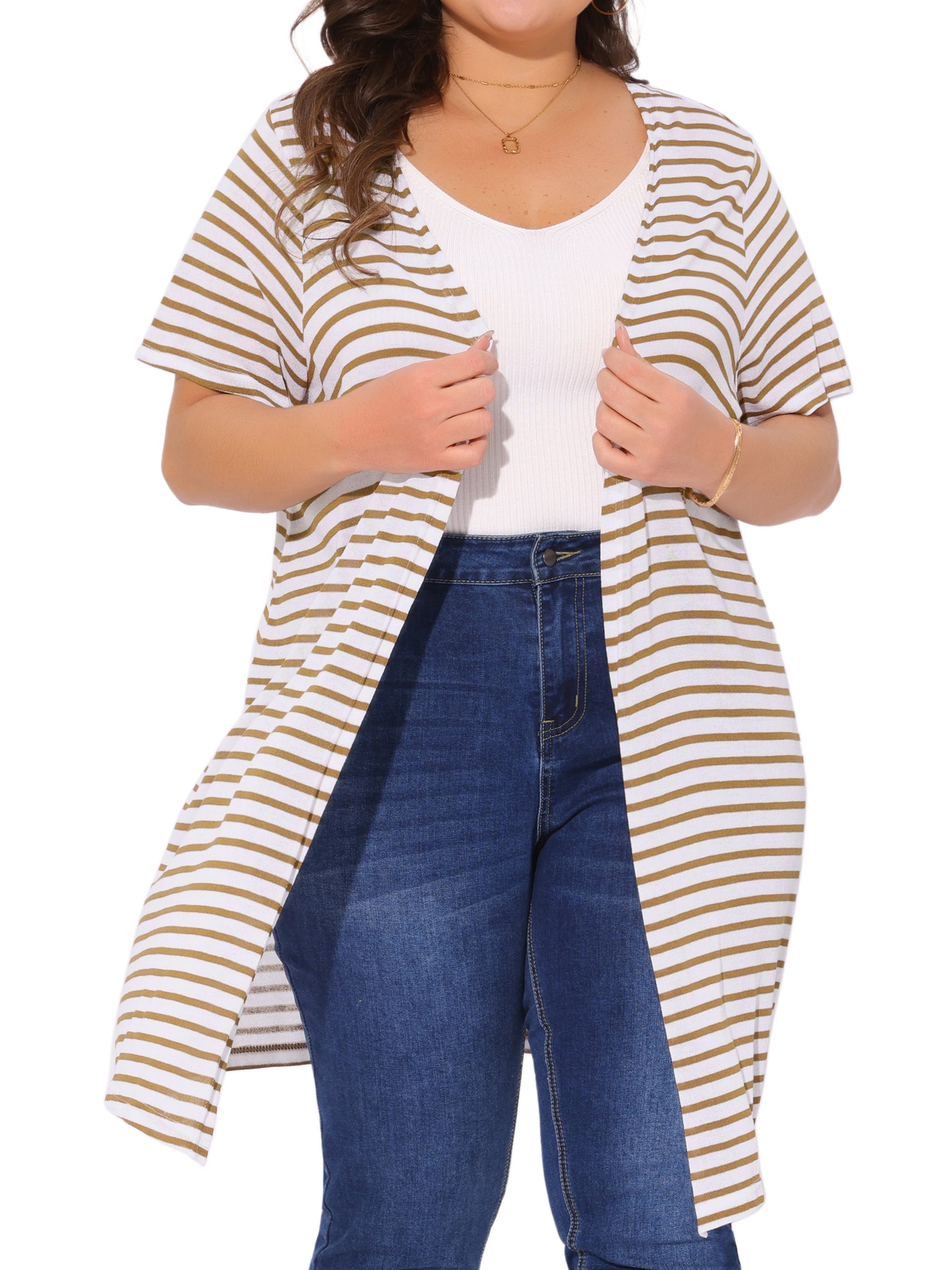 Women Plus Size Cardigan Summer Lightweight Stripe Short Sleeve Open Front Casual Loose Cover Ups