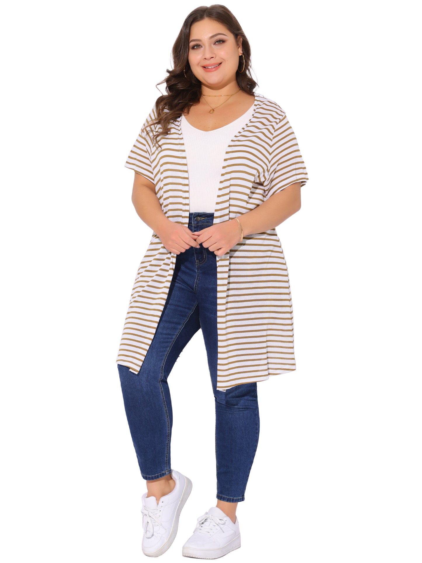 Women Plus Size Cardigan Summer Lightweight Stripe Short Sleeve Open Front Casual Loose Cover Ups