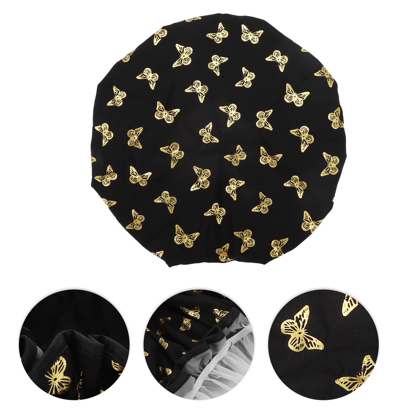 3 Pcs Women Gold Butterfly Shower Cap for Bathroom Vacation Travel Hotel Black