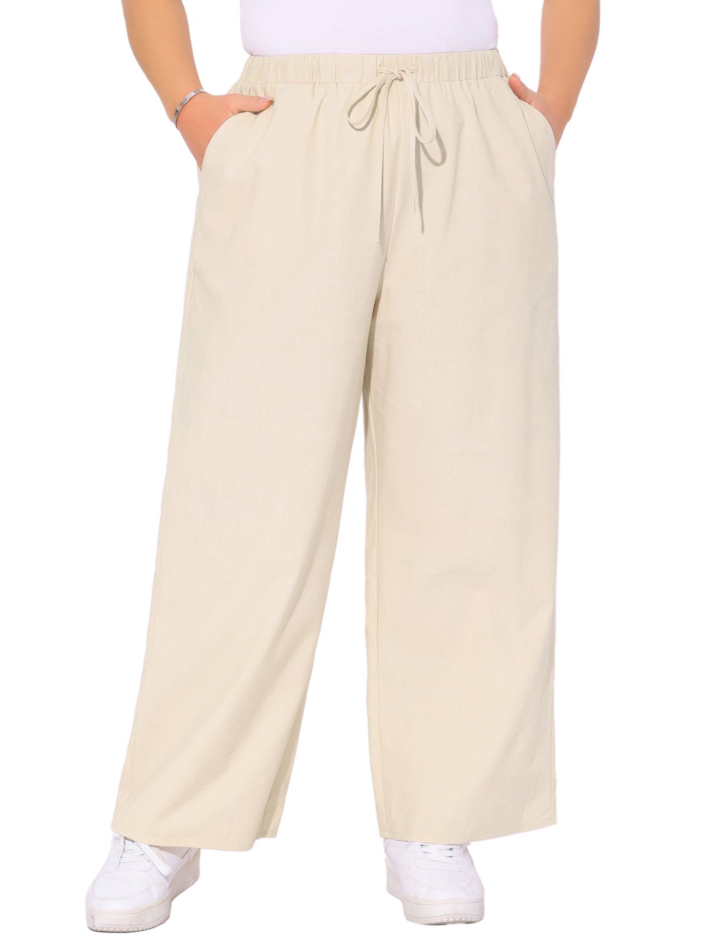 Women's Plus Size Cotton Linen Summer Palazzo Pants Drawstring Relaxed Fit Wide Leg Trousers with Pockets