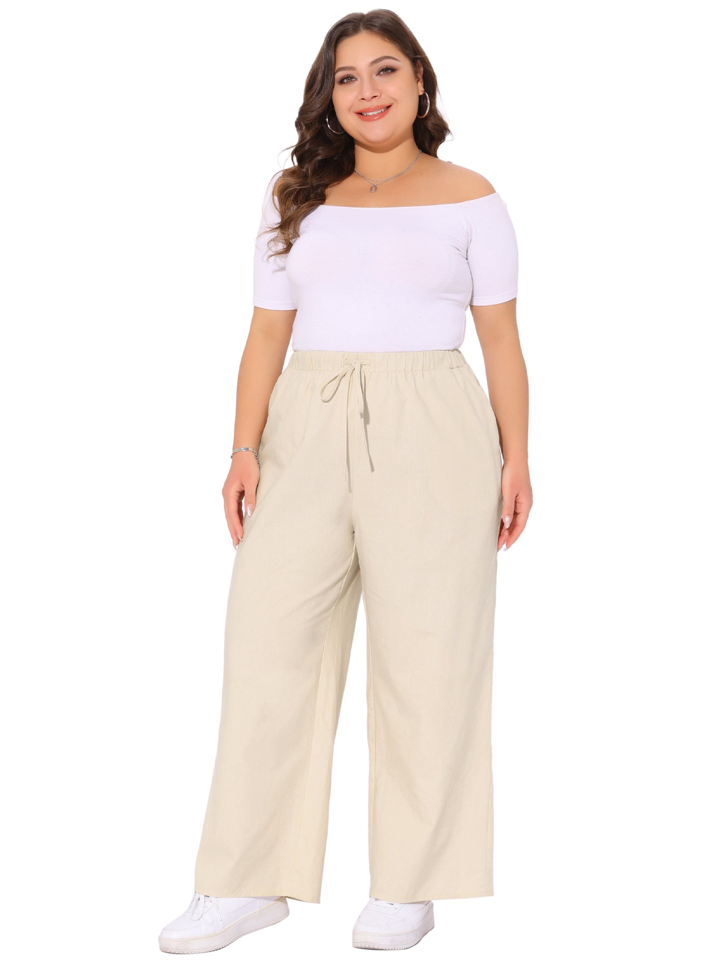 Women's Plus Size Cotton Linen Summer Palazzo Pants Drawstring Relaxed Fit Wide Leg Trousers with Pockets