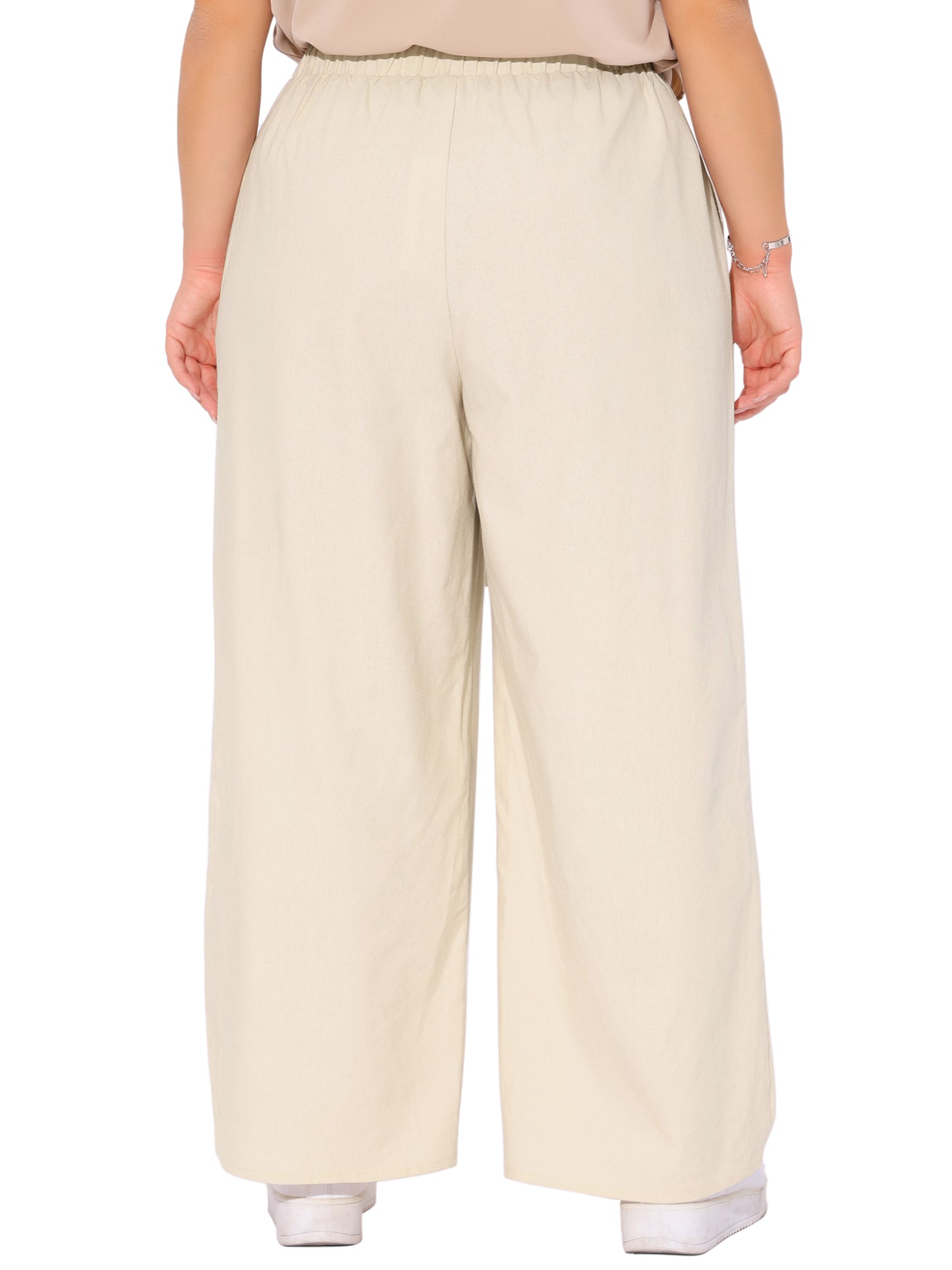 Women's Plus Size Cotton Linen Summer Palazzo Pants Drawstring Relaxed Fit Wide Leg Trousers with Pockets