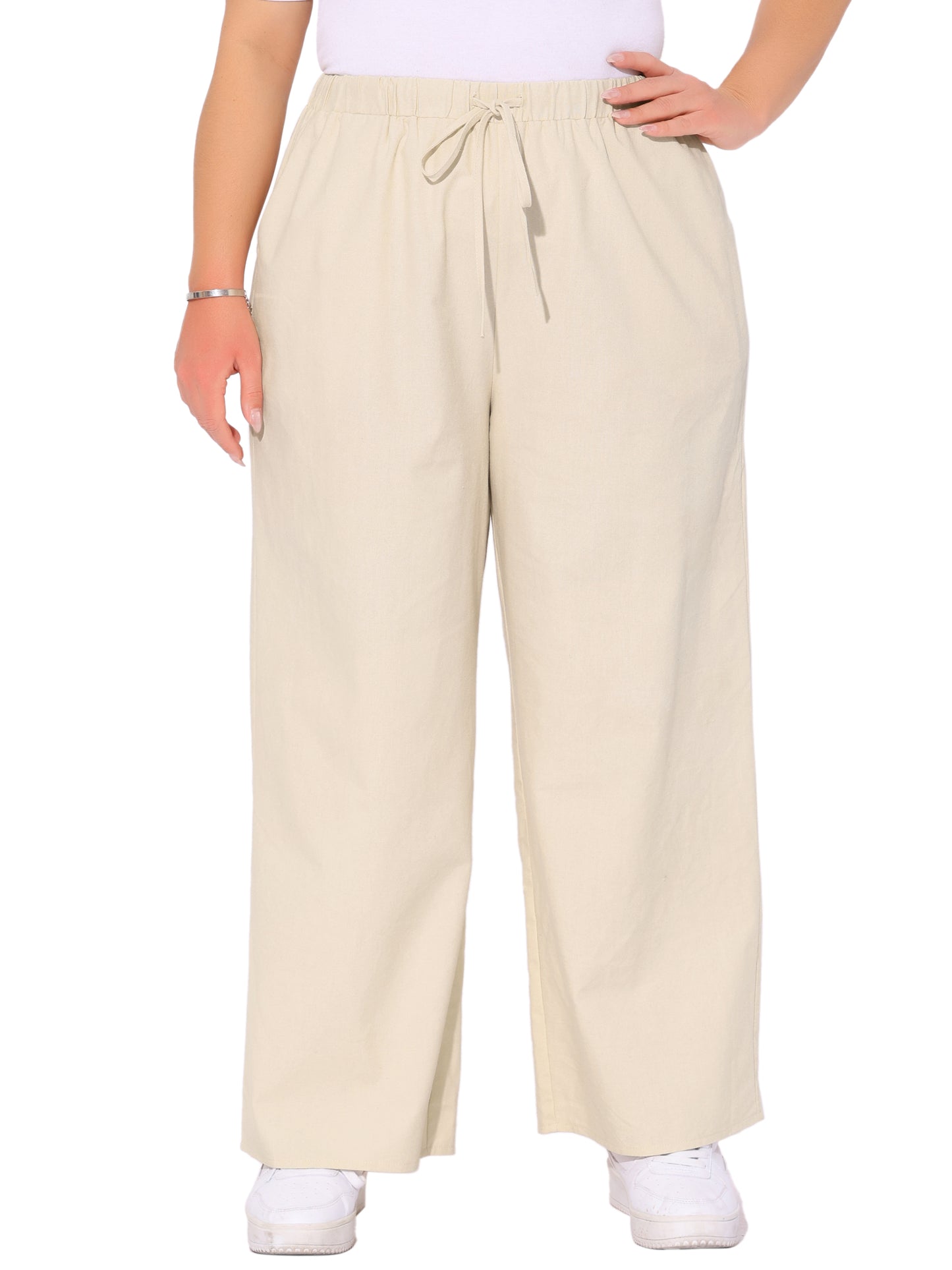 Women's Plus Size Cotton Linen Summer Palazzo Pants Drawstring Relaxed Fit Wide Leg Trousers with Pockets