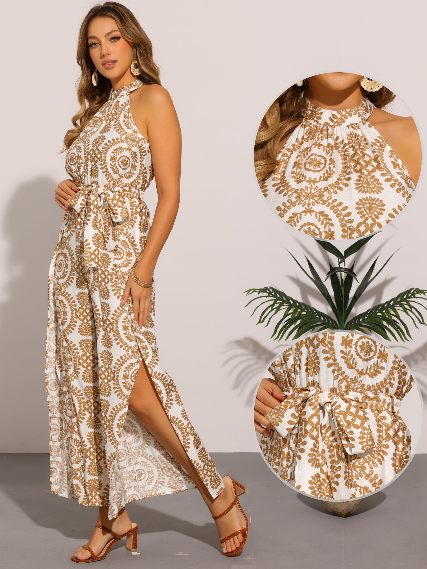 Women's Casual Sleeveless Jumpsuit Boho Pattern Tie Halter Neck Beach Slit Wide Leg Pants