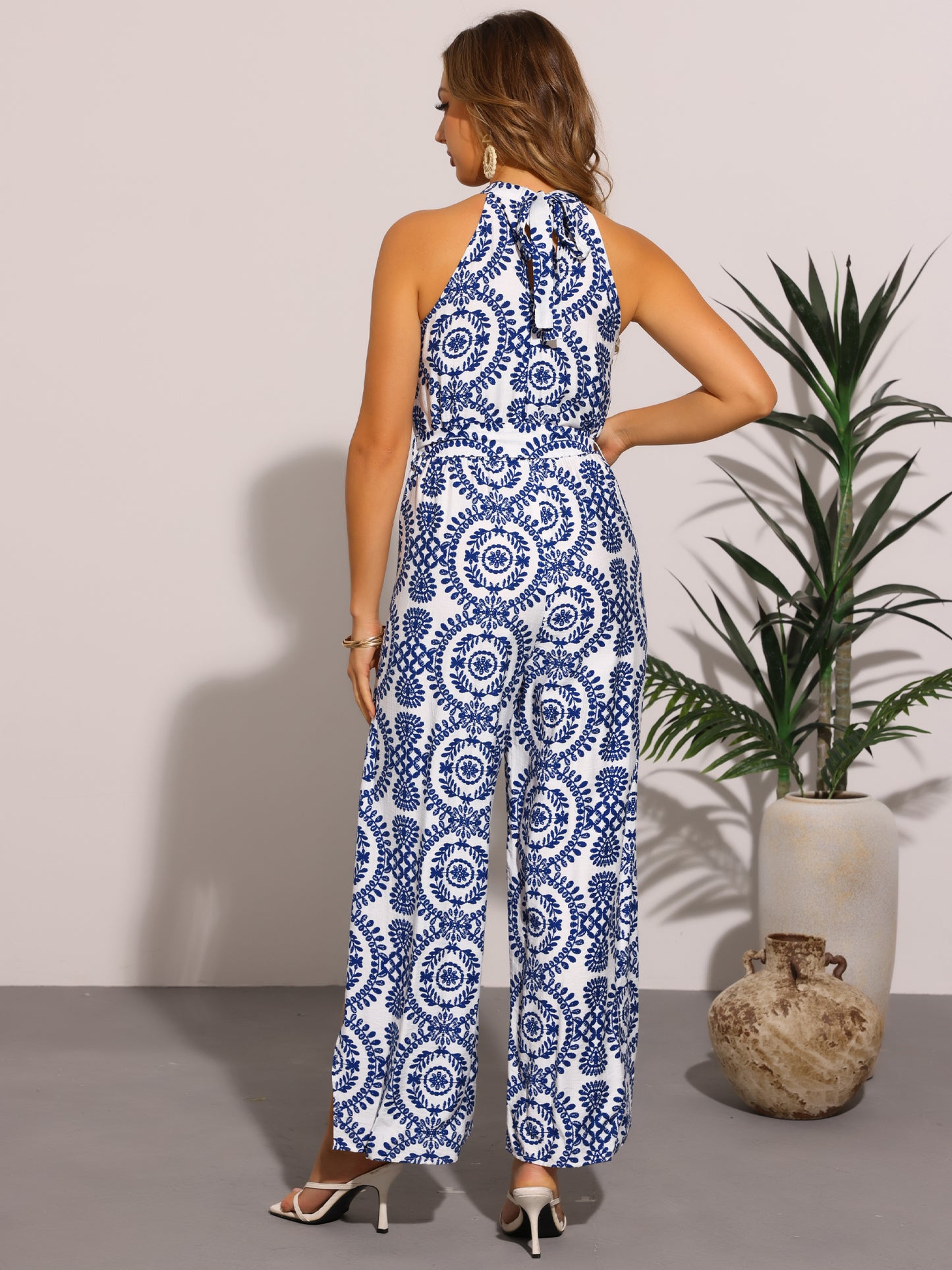 Women's Casual Sleeveless Jumpsuit Boho Pattern Tie Halter Neck Beach Slit Wide Leg Pants