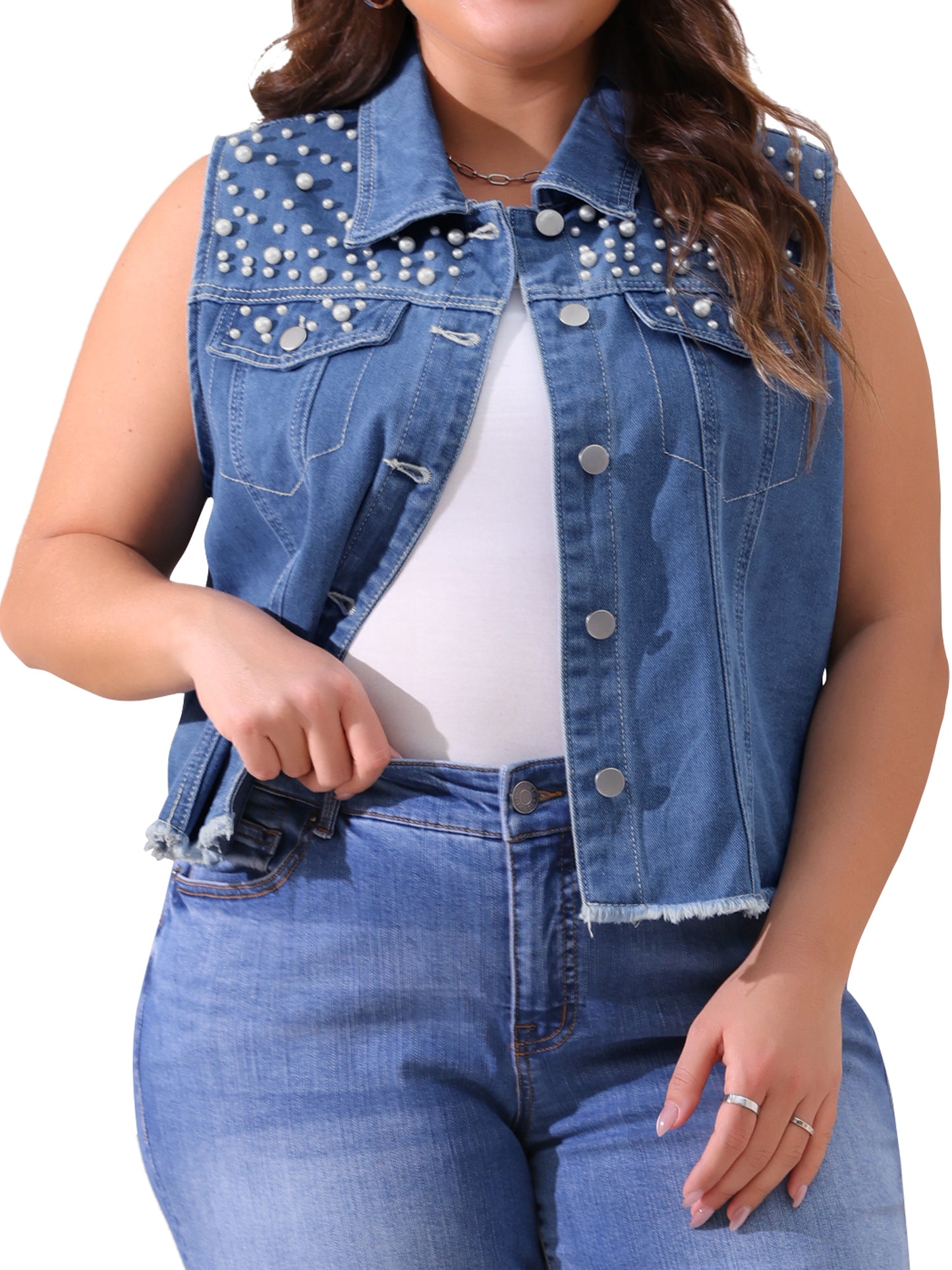 Women Plus Size Denim Vest Sleeveless Embroidered Faux Pearl Frayed Jean Vests Jacket