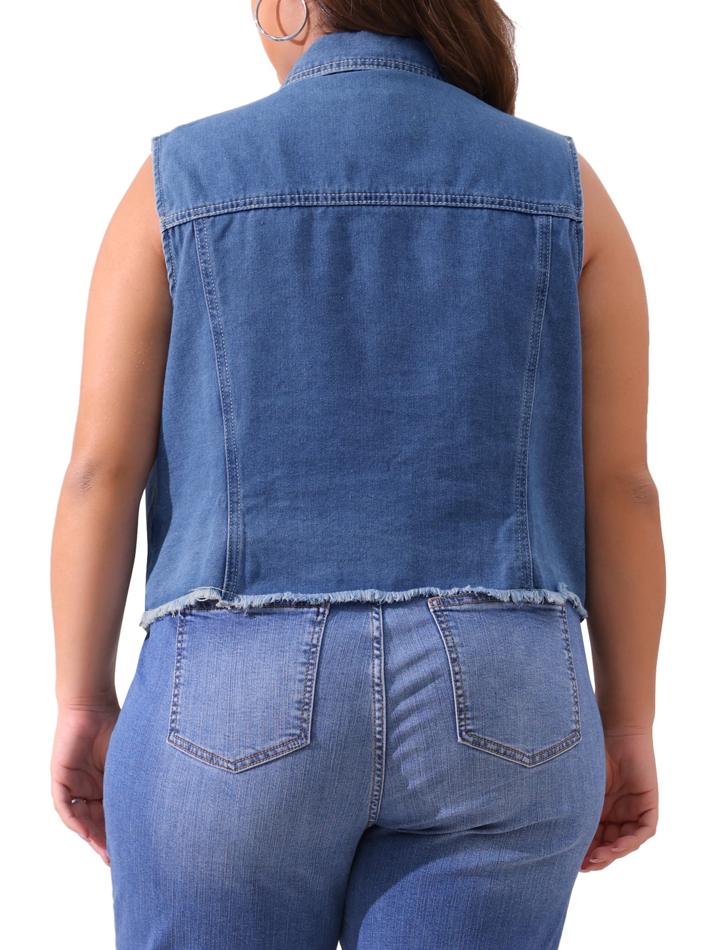 Women Plus Size Denim Vest Sleeveless Embroidered Faux Pearl Frayed Jean Vests Jacket