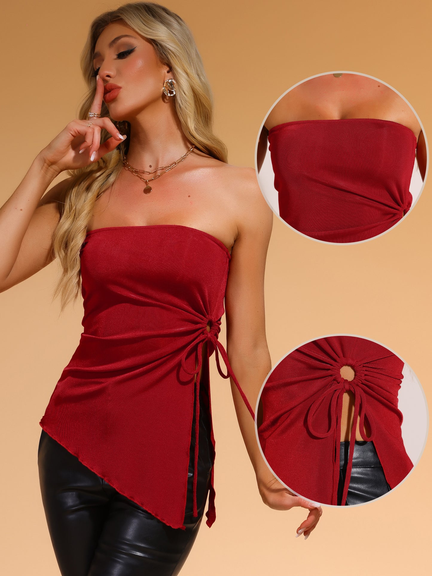 Women's Strapless Top Drawstring Ruched Asymmetrical Ruffle Hem Bandeau Top