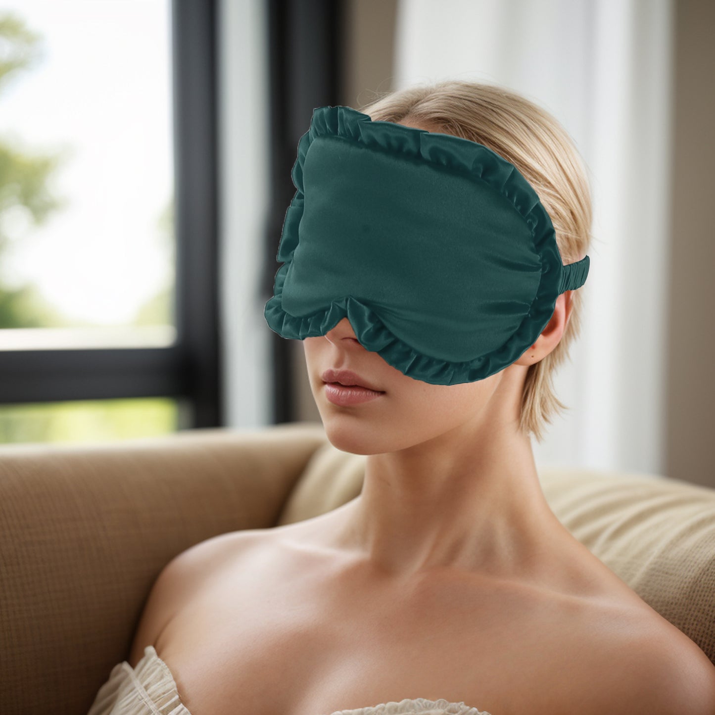 Soft Ruffle Sleep Mask Eye Shade Cover for Travel Dark Green