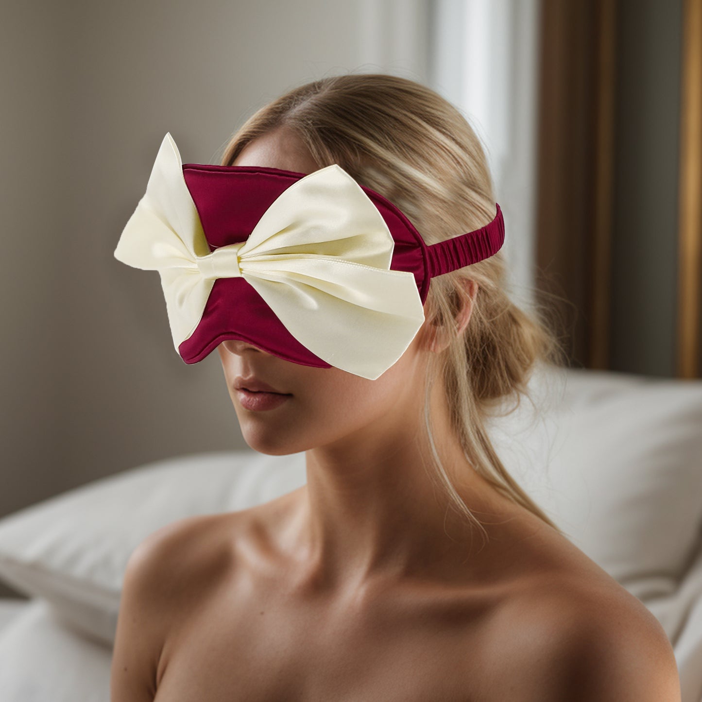Soft Cute Bow Sleep Mask Elastic Eye Shade Cover for Travel Wine Red