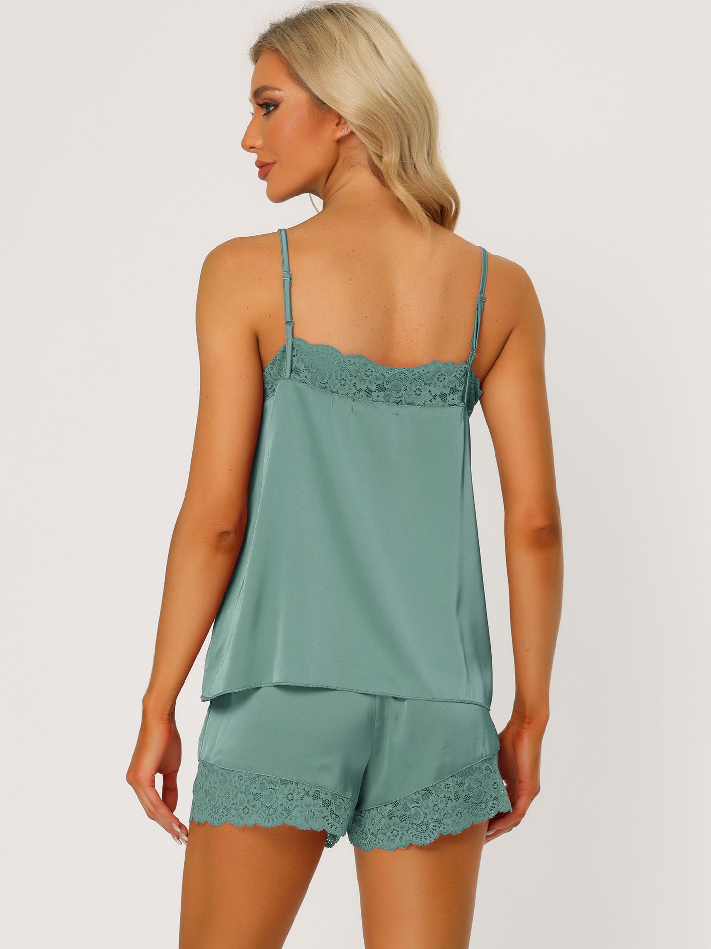 Pijama de satén para mujer, camisola con ribete de encaje y pantalones cortos, conjunto de pijama sedoso para estar en casa