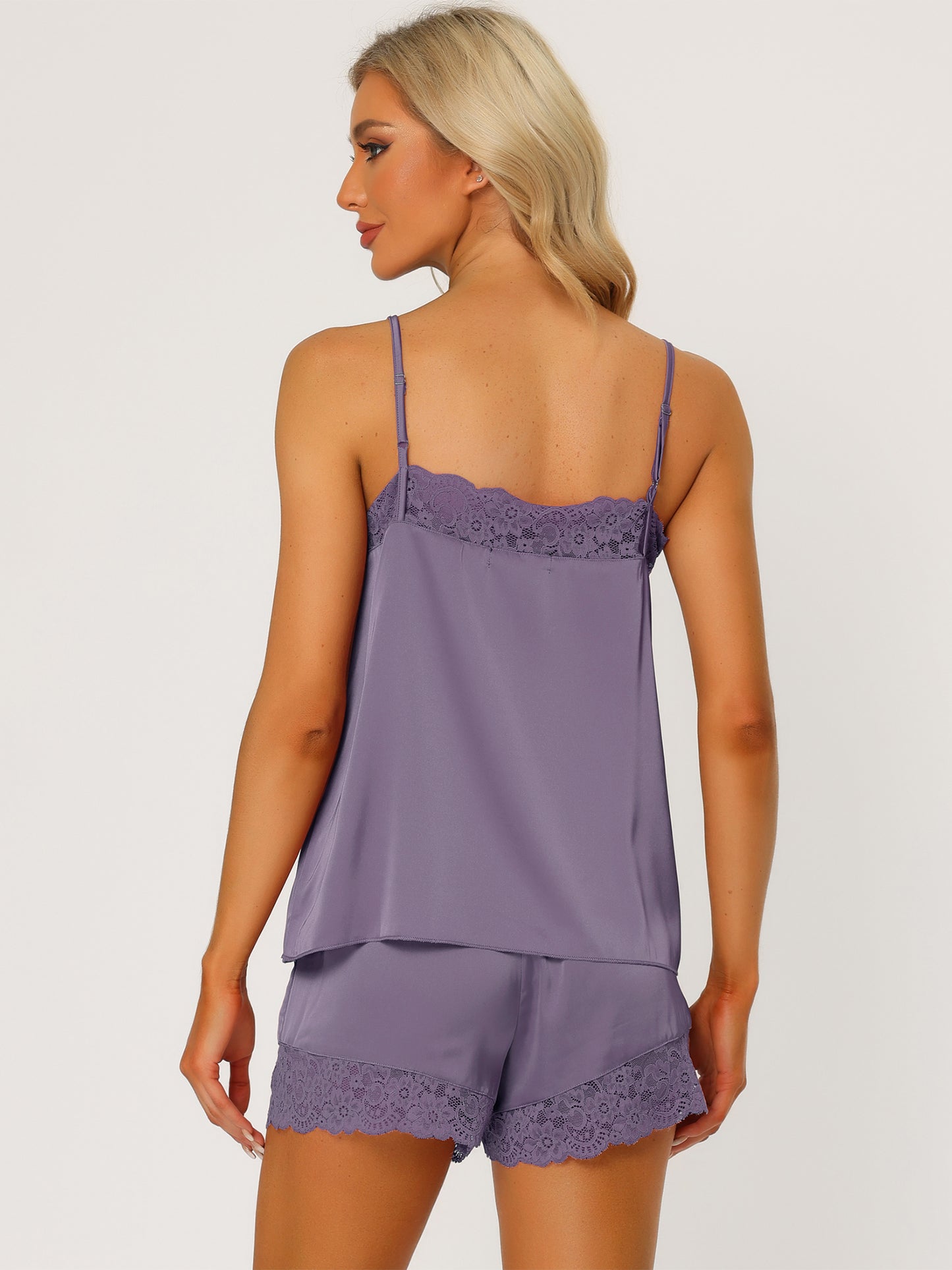 Pijama de satén para mujer, camisola con ribete de encaje y pantalones cortos, conjunto de pijama sedoso para estar en casa
