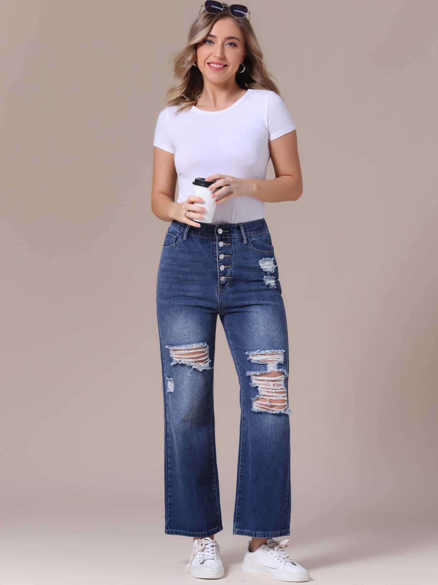 Women's Ripped Jeans Distressed Button Front Stretchy Hole Destroyed High Rise Denim Pants Streetwear