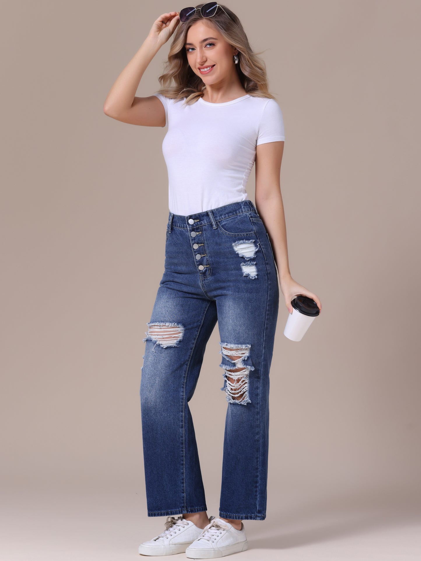 Women's Ripped Jeans Distressed Button Front Stretchy Hole Destroyed High Rise Denim Pants Streetwear