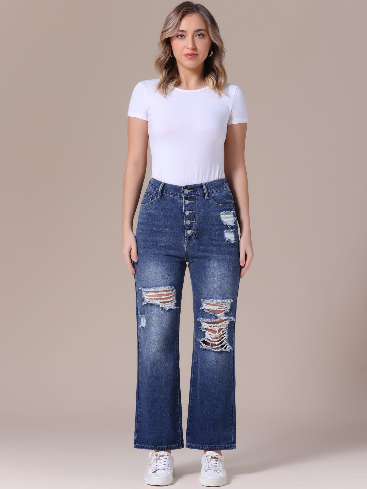 Women's Ripped Jeans Distressed Button Front Stretchy Hole Destroyed High Rise Denim Pants Streetwear