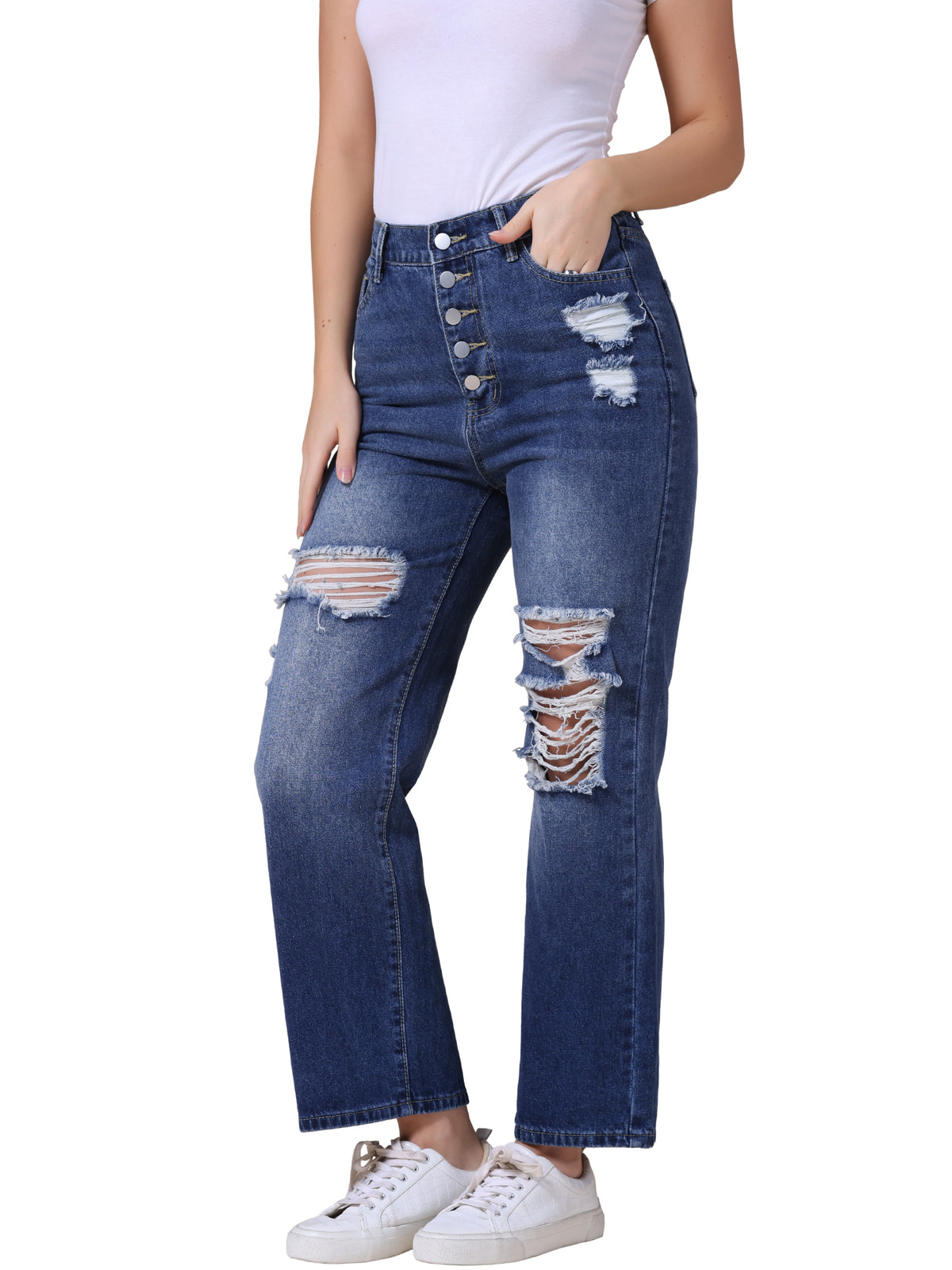 Women's Ripped Jeans Distressed Button Front Stretchy Hole Destroyed High Rise Denim Pants Streetwear