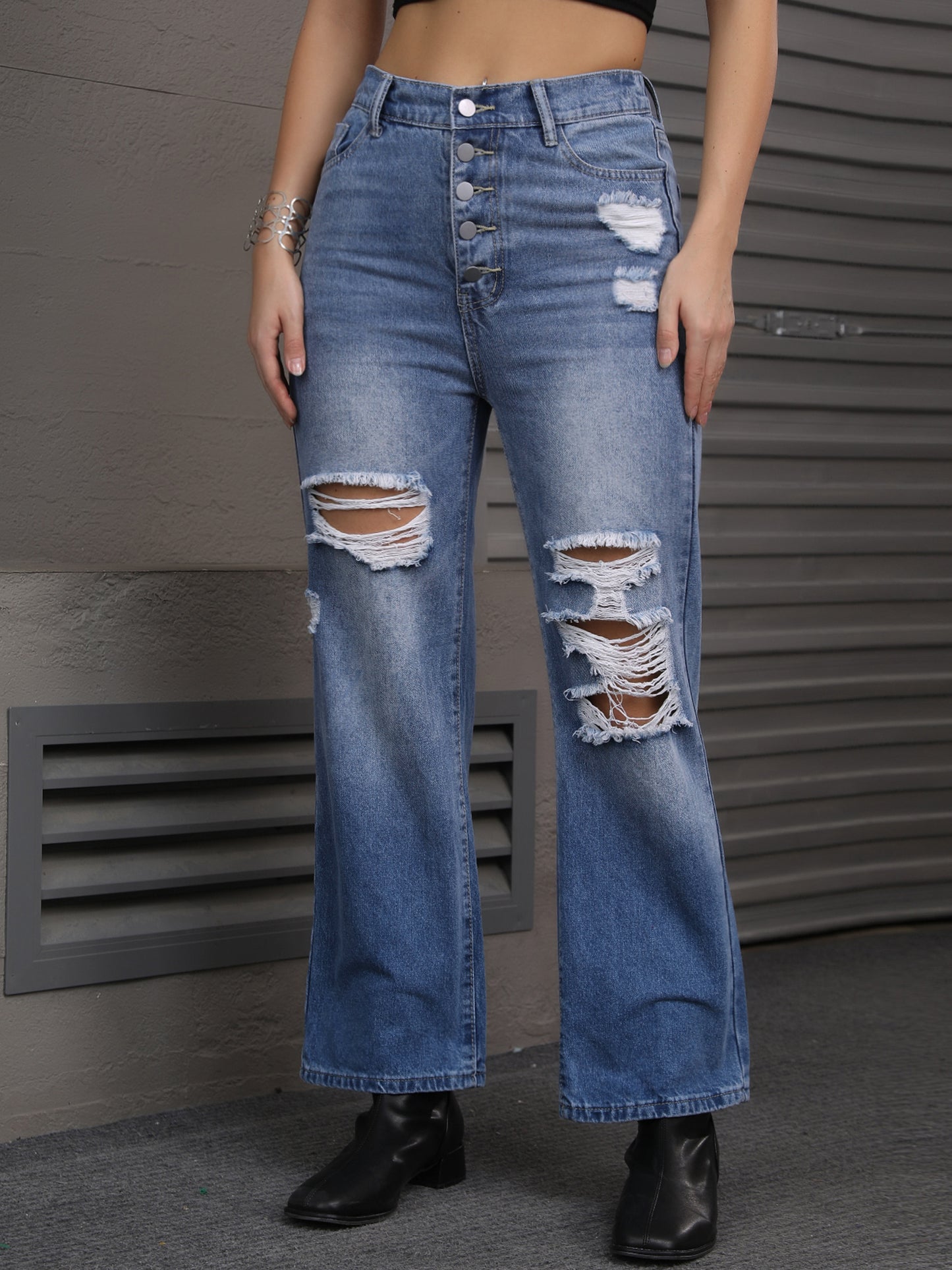 Women's Ripped Jeans Distressed Button Front Stretchy Hole Destroyed High Rise Denim Pants Streetwear