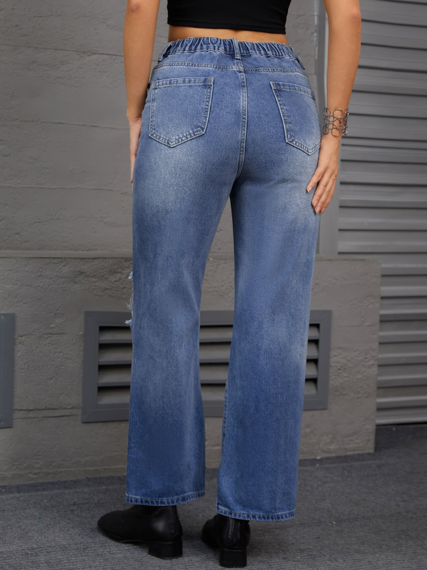 Women's Ripped Jeans Distressed Button Front Stretchy Hole Destroyed High Rise Denim Pants Streetwear