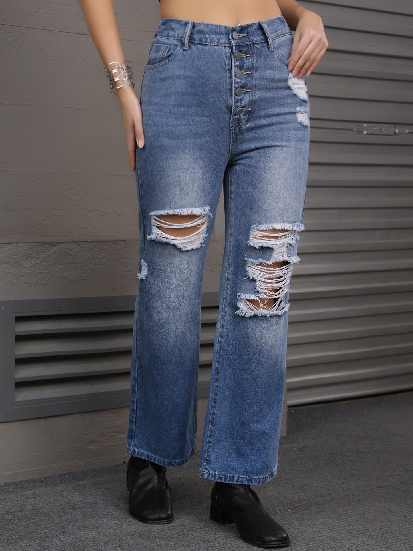 Women's Ripped Jeans Distressed Button Front Stretchy Hole Destroyed High Rise Denim Pants Streetwear